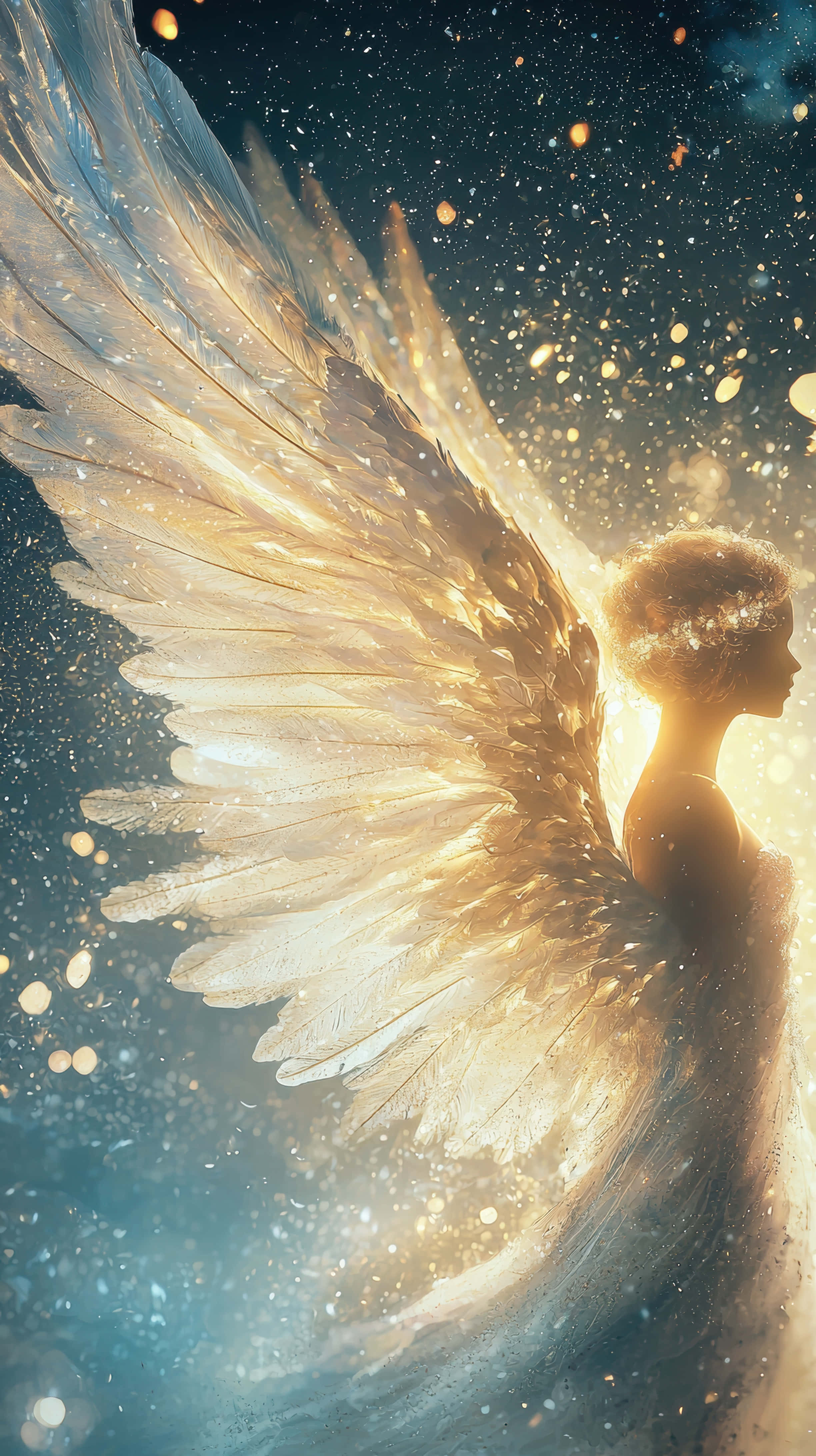 ethereal angel, glowing golden wings, celestial light, 4K Phone Wallpaper
