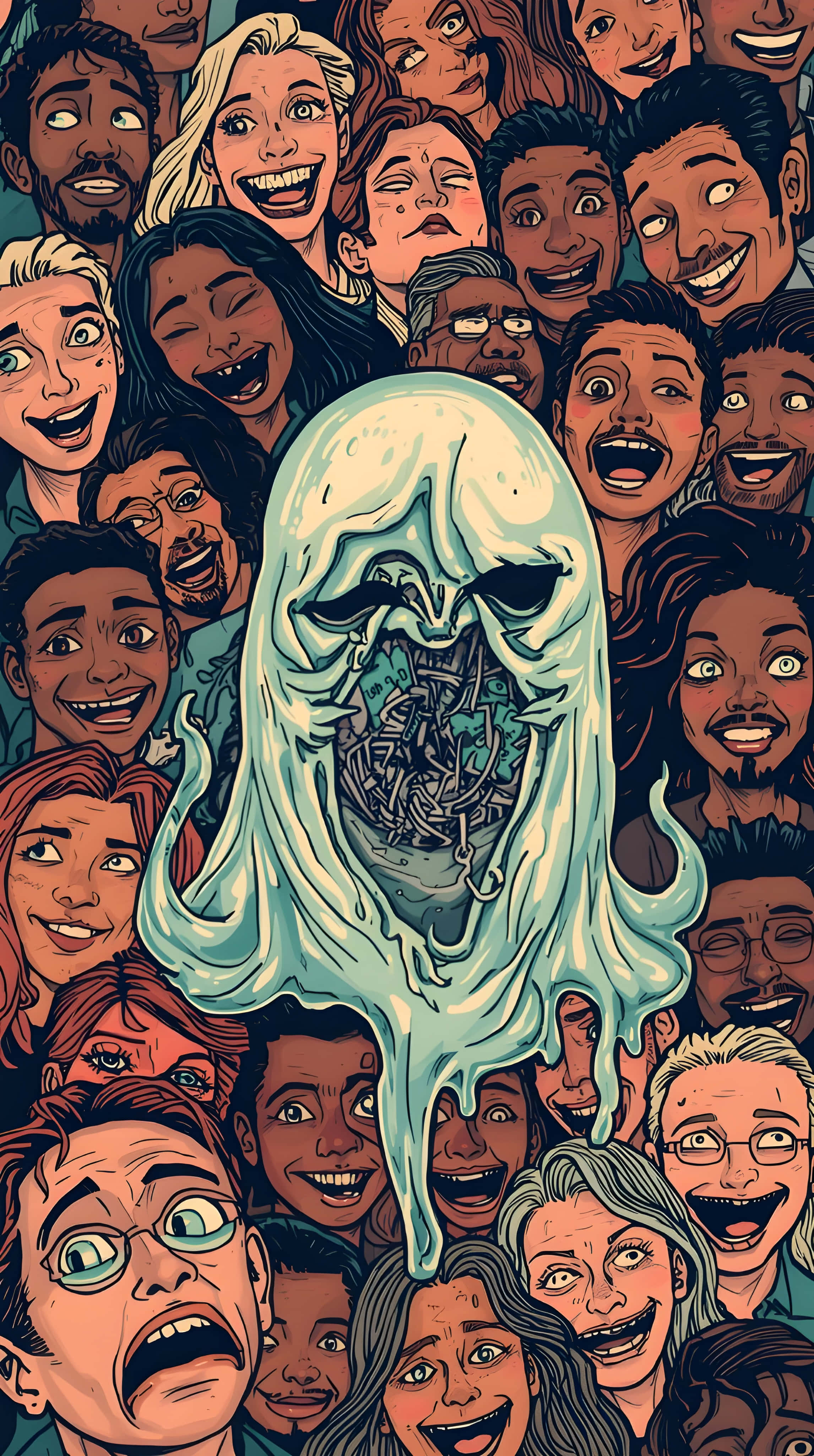 ghostly teal figure, screaming face, crowd of smiling diverse people, 4K Phone Wallpaper