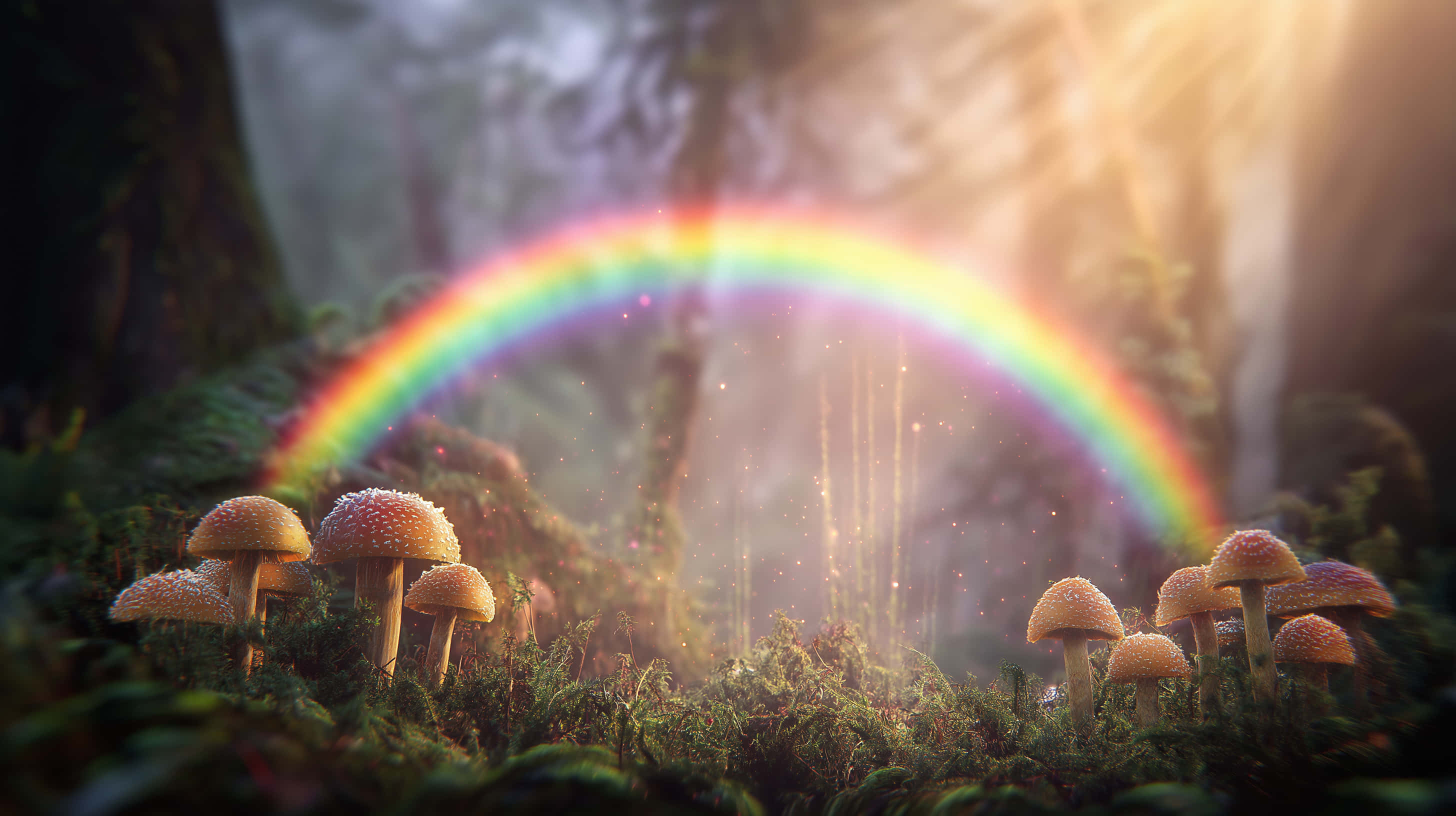 enchanted forest, glowing mushrooms, rainbow light, 2K Desktop Wallpaper