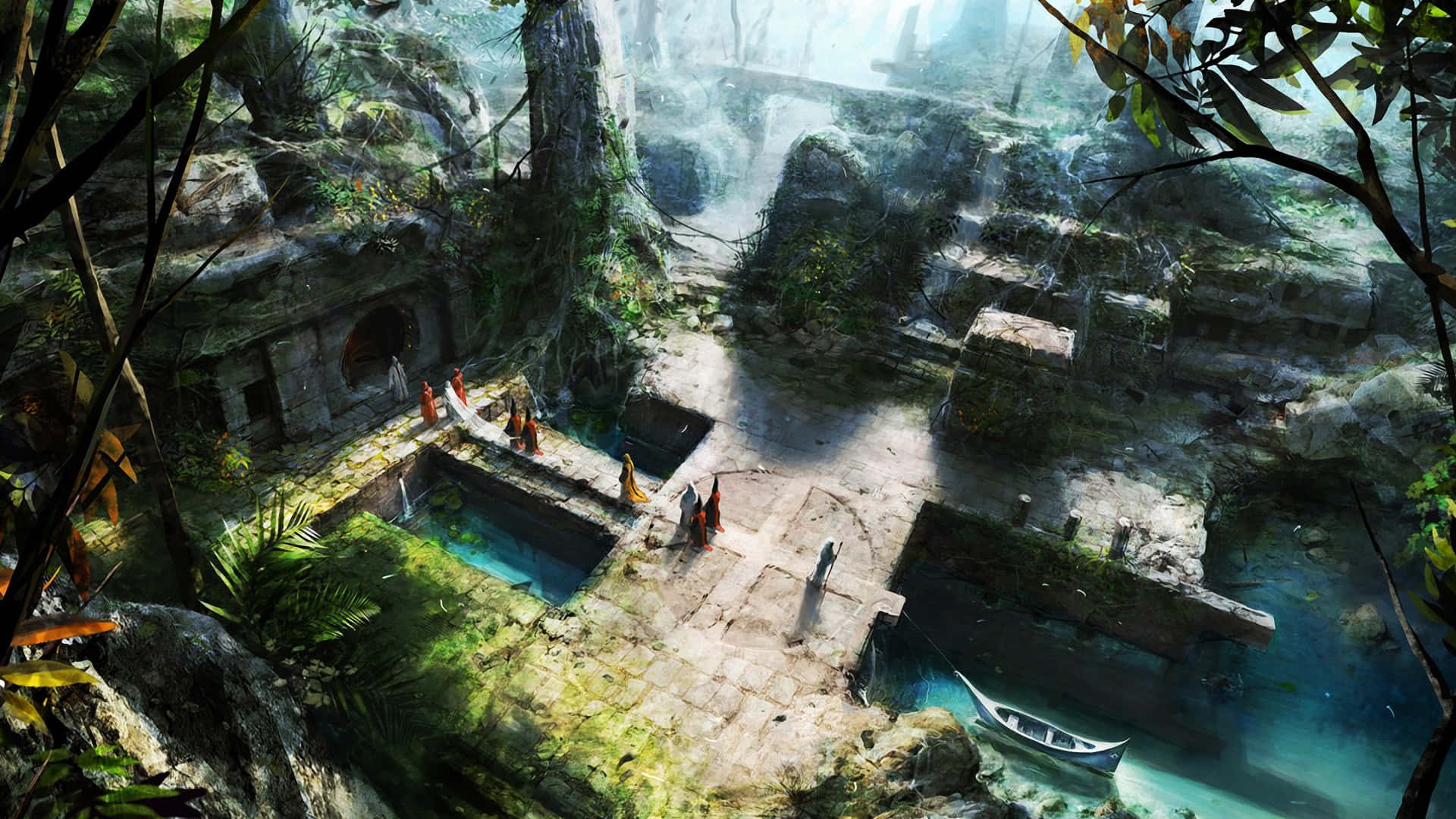 jungle, stone ruins, orange robes, Full HD Desktop Wallpaper