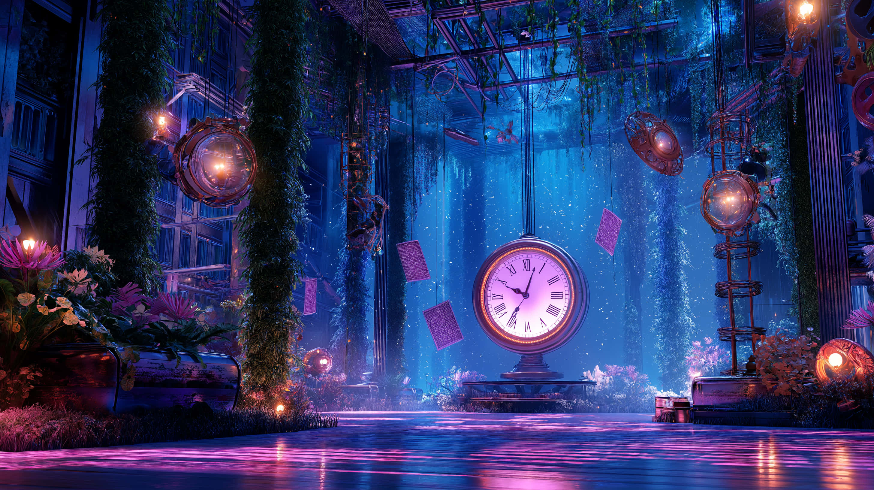 abstract clockwork garden, floating cards, surreal blue and purple glowing clockroom, 2K Desktop Wallpaper