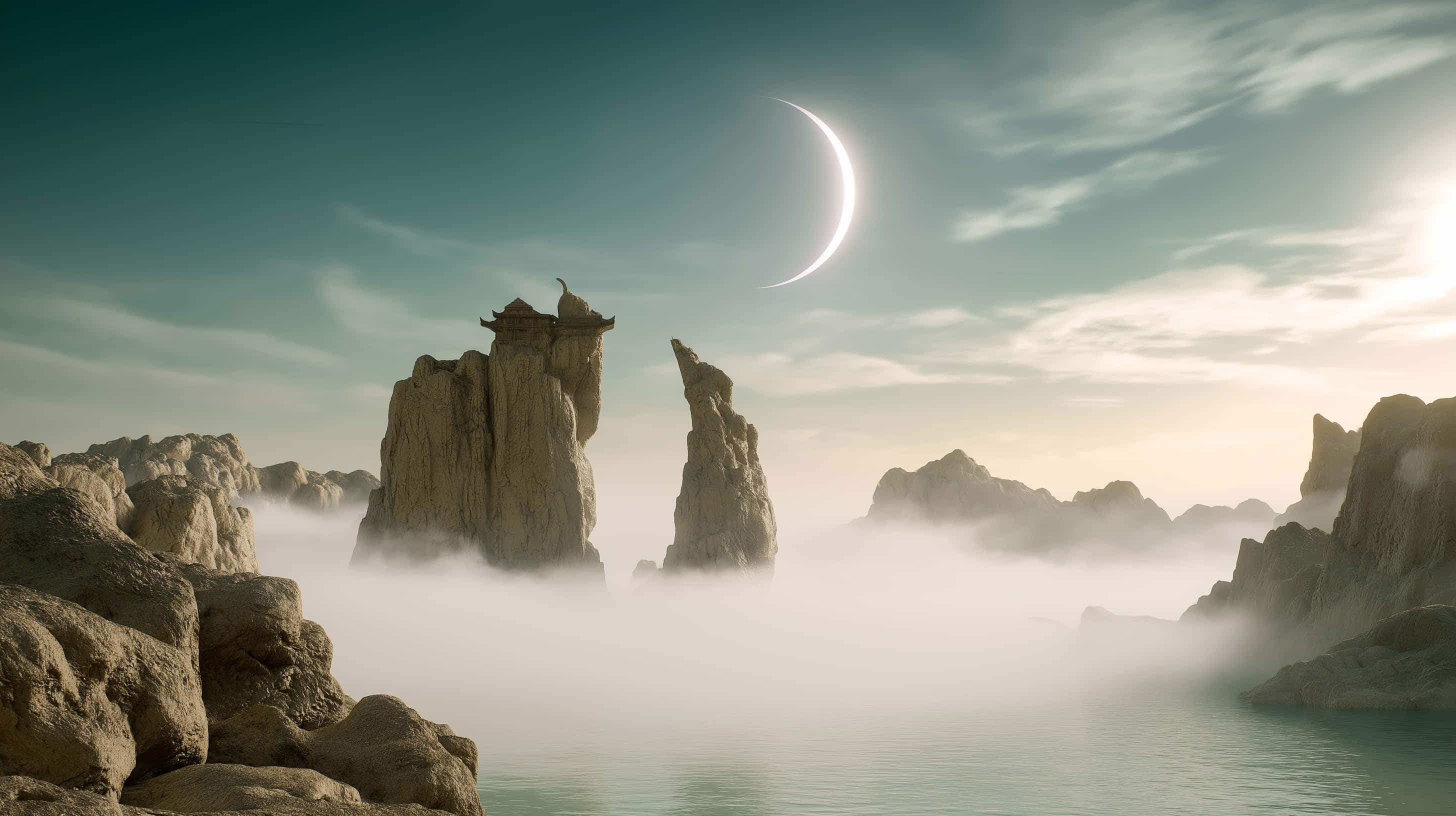 crescent moon, misty lake, rock formations, 2K Desktop Wallpaper