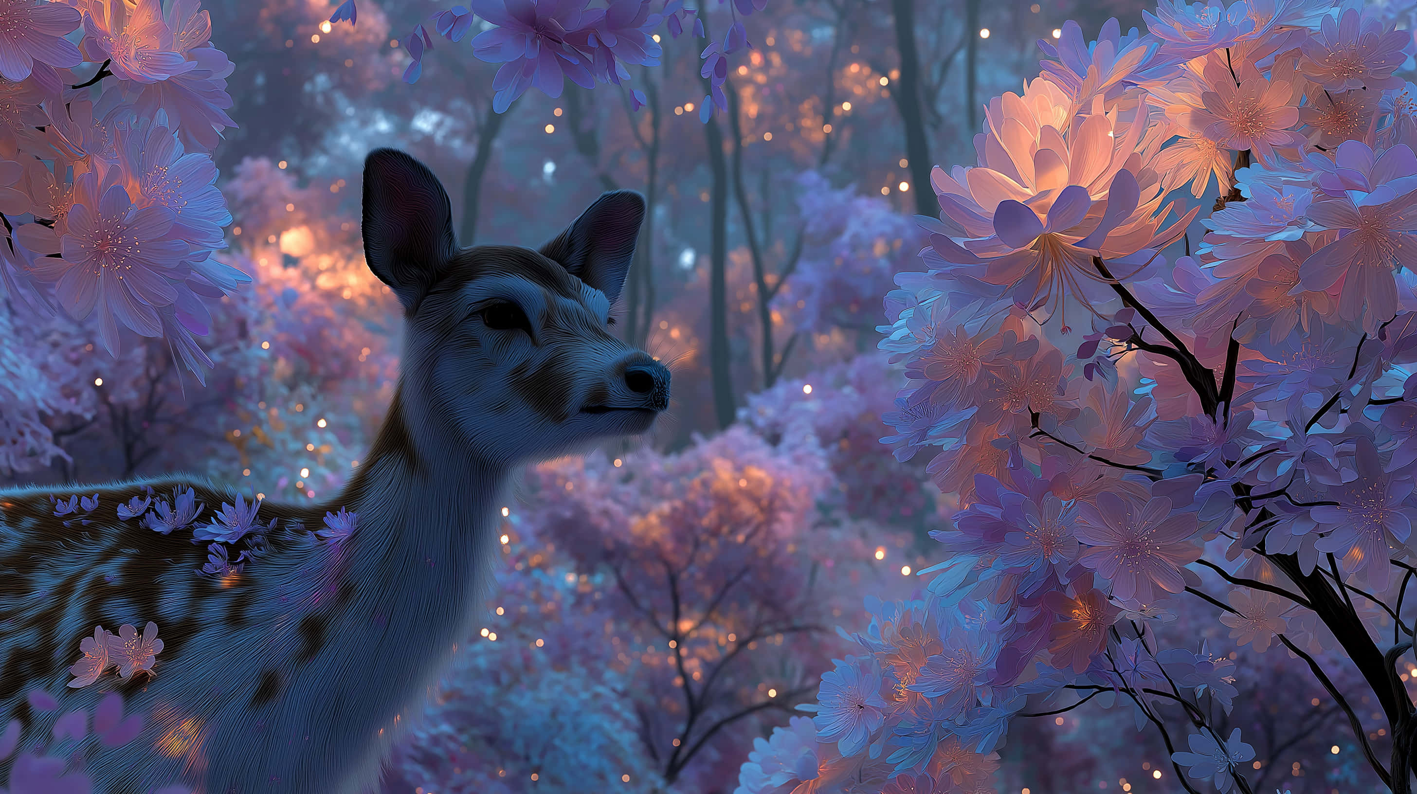 graceful deer, glowing spots, magical fantasy forest, 2K Desktop Wallpaper