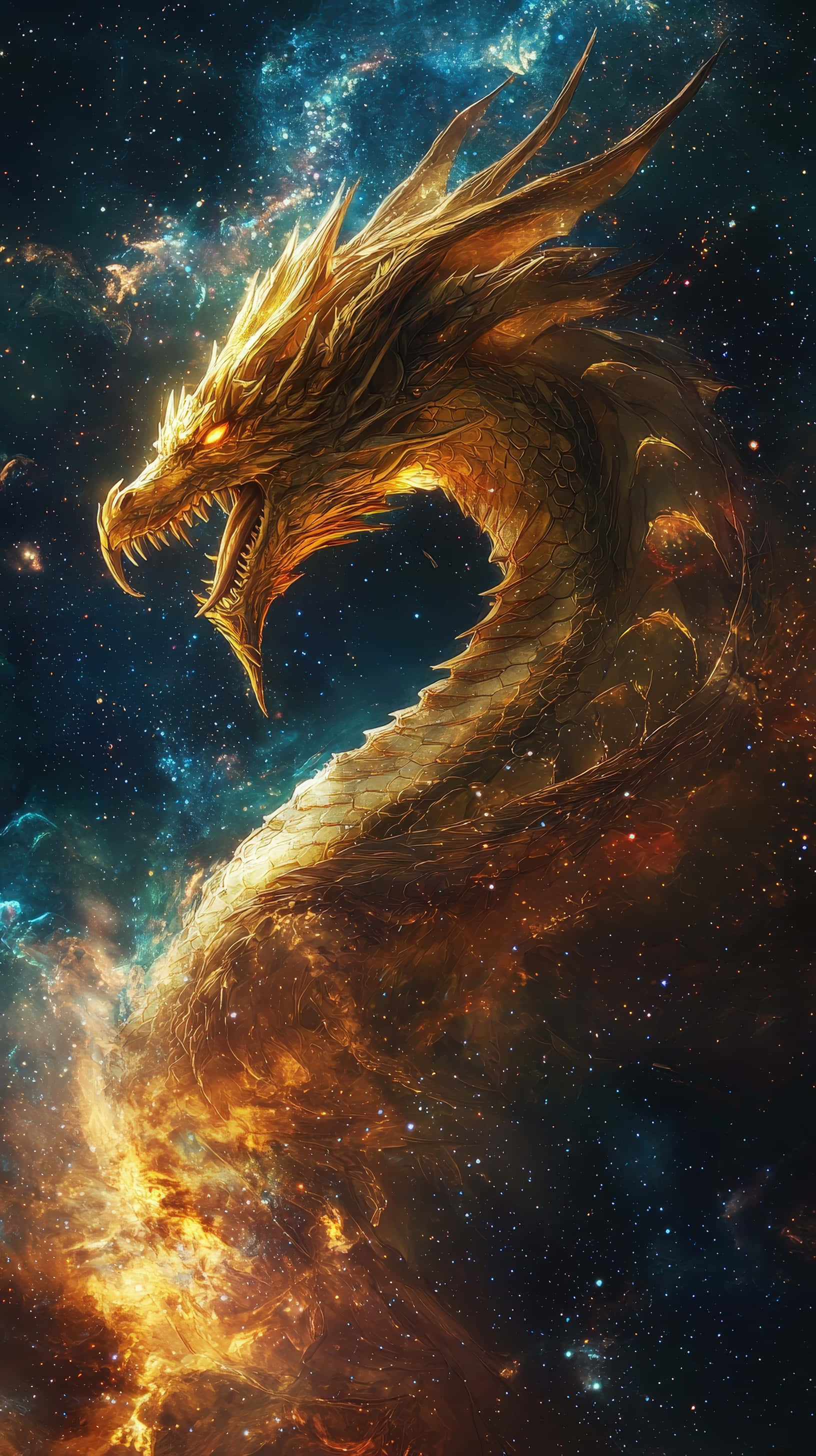 cosmic dragon, glowing golden scales, vibrant cosmic nebula, 2K Phone Wallpaper
