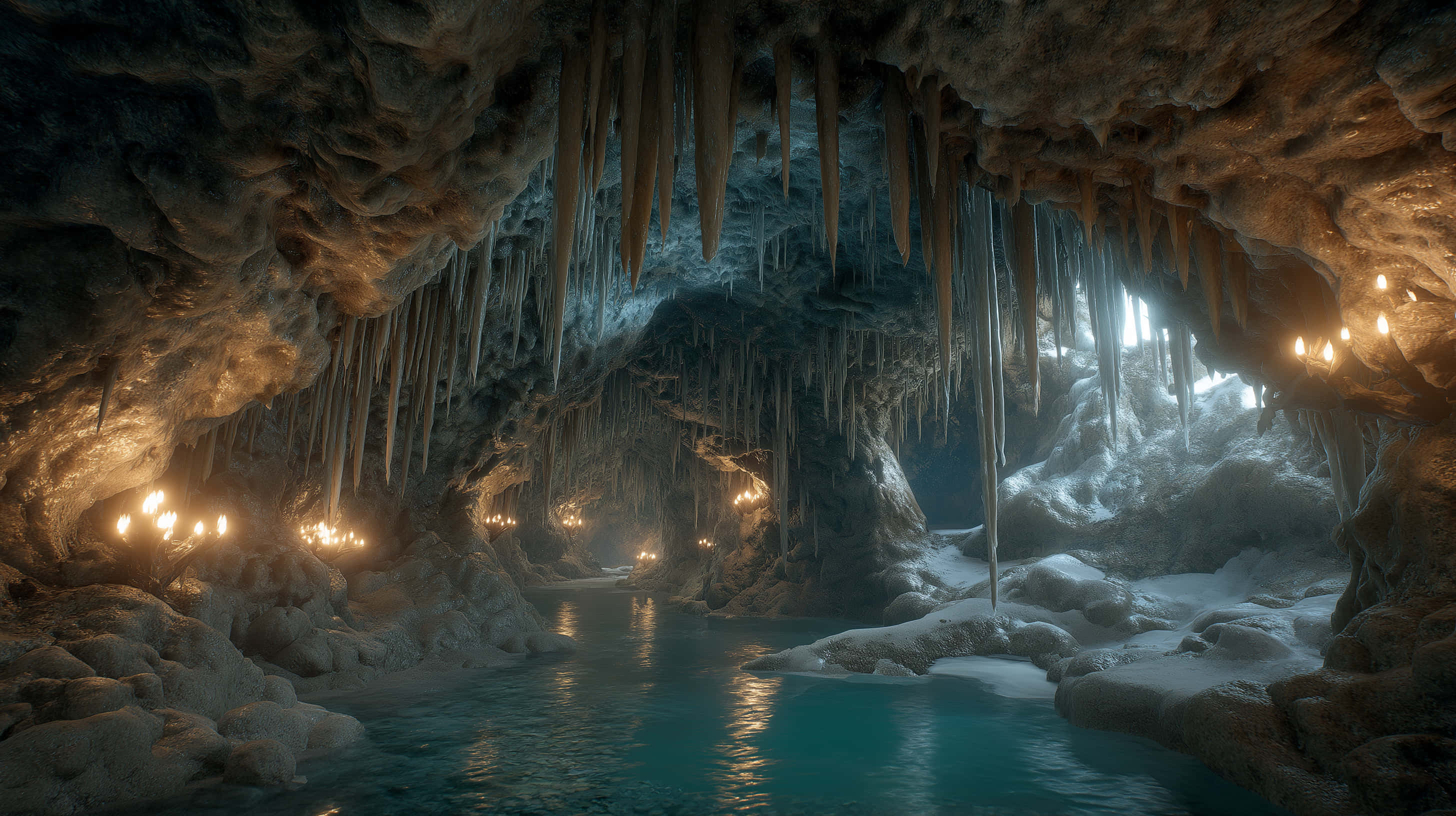enchanted ice cave, stalactites, glowing water, 2K Desktop Wallpaper