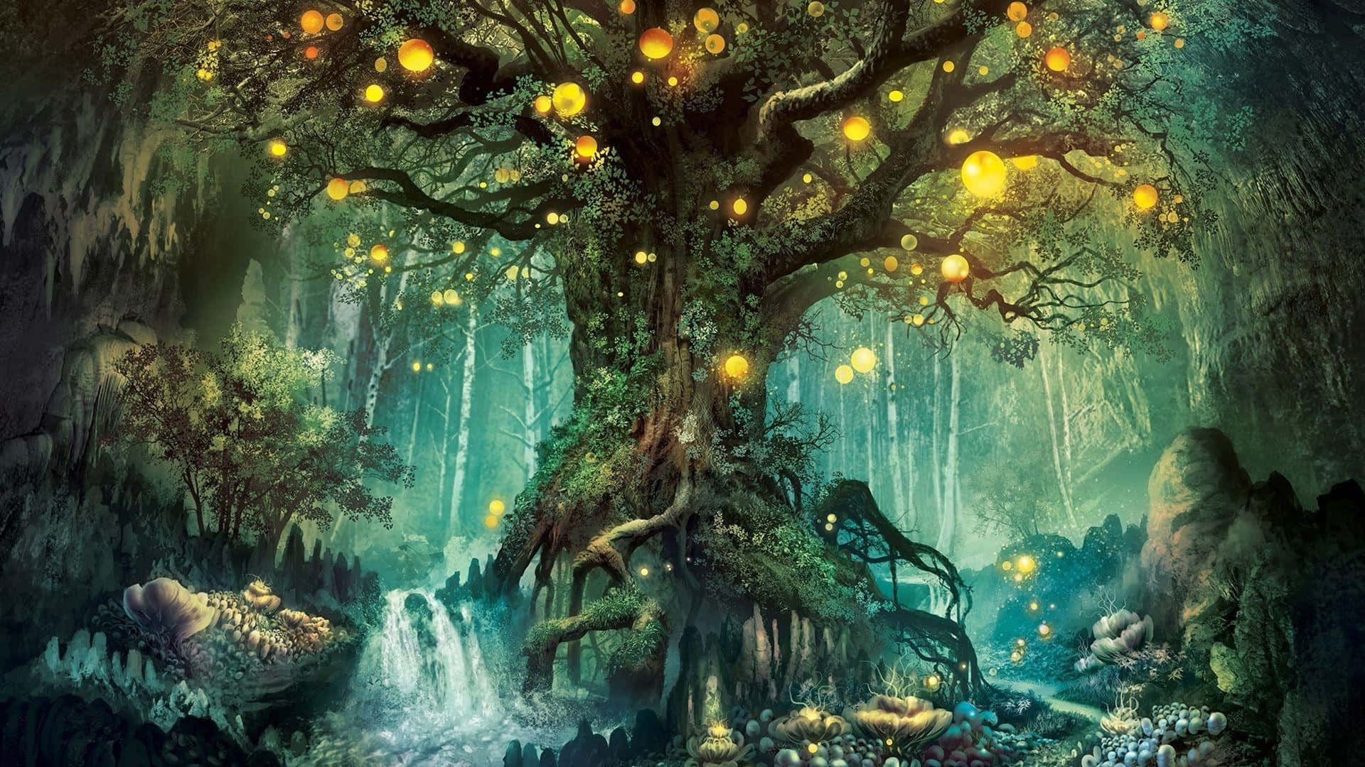mystical forest cavern, ancient tree, glowing orbs, Full HD Desktop Wallpaper