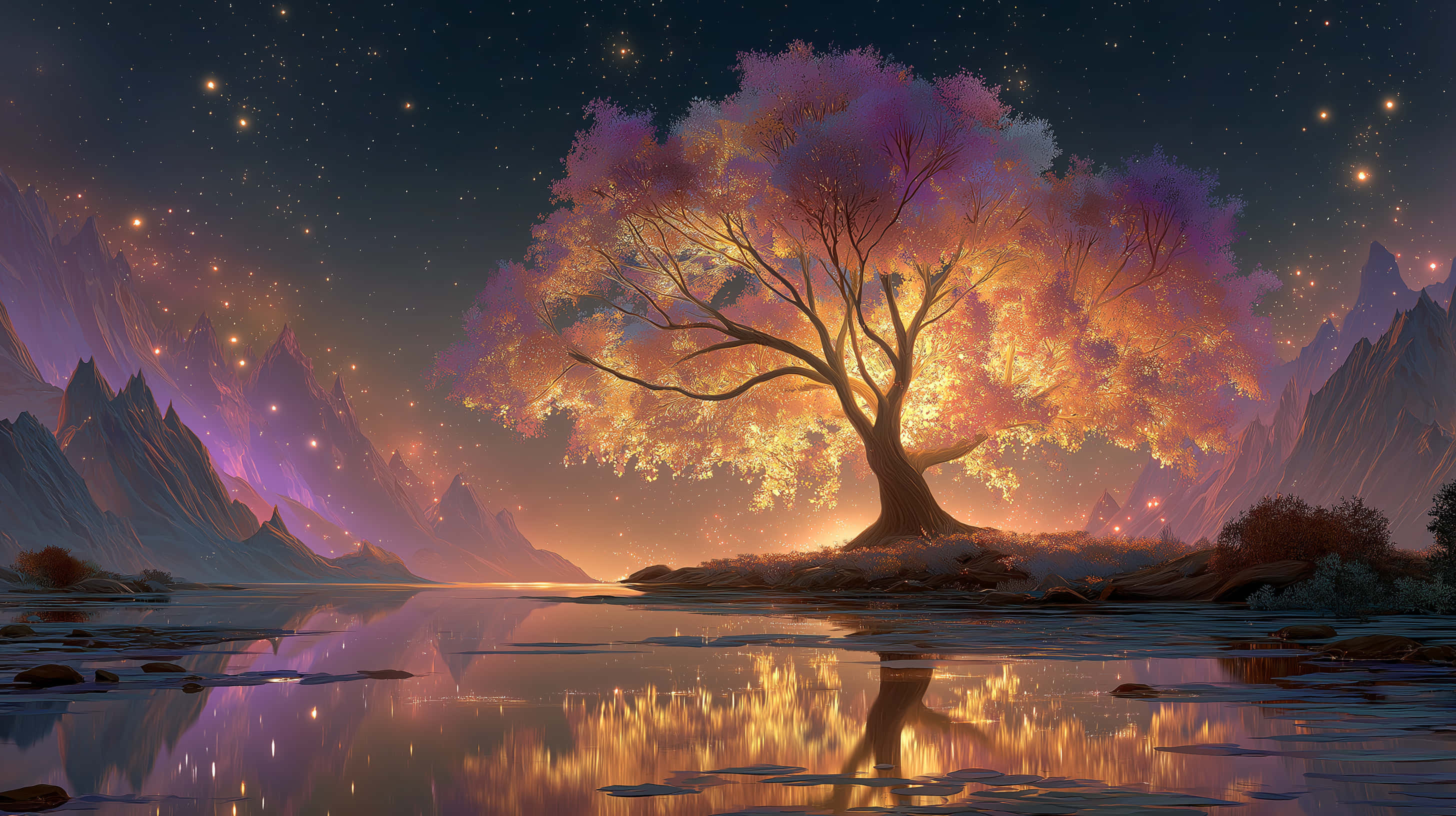 glowing orange and purple leaves, reflective lake, starry night sky, 2K Desktop Wallpaper