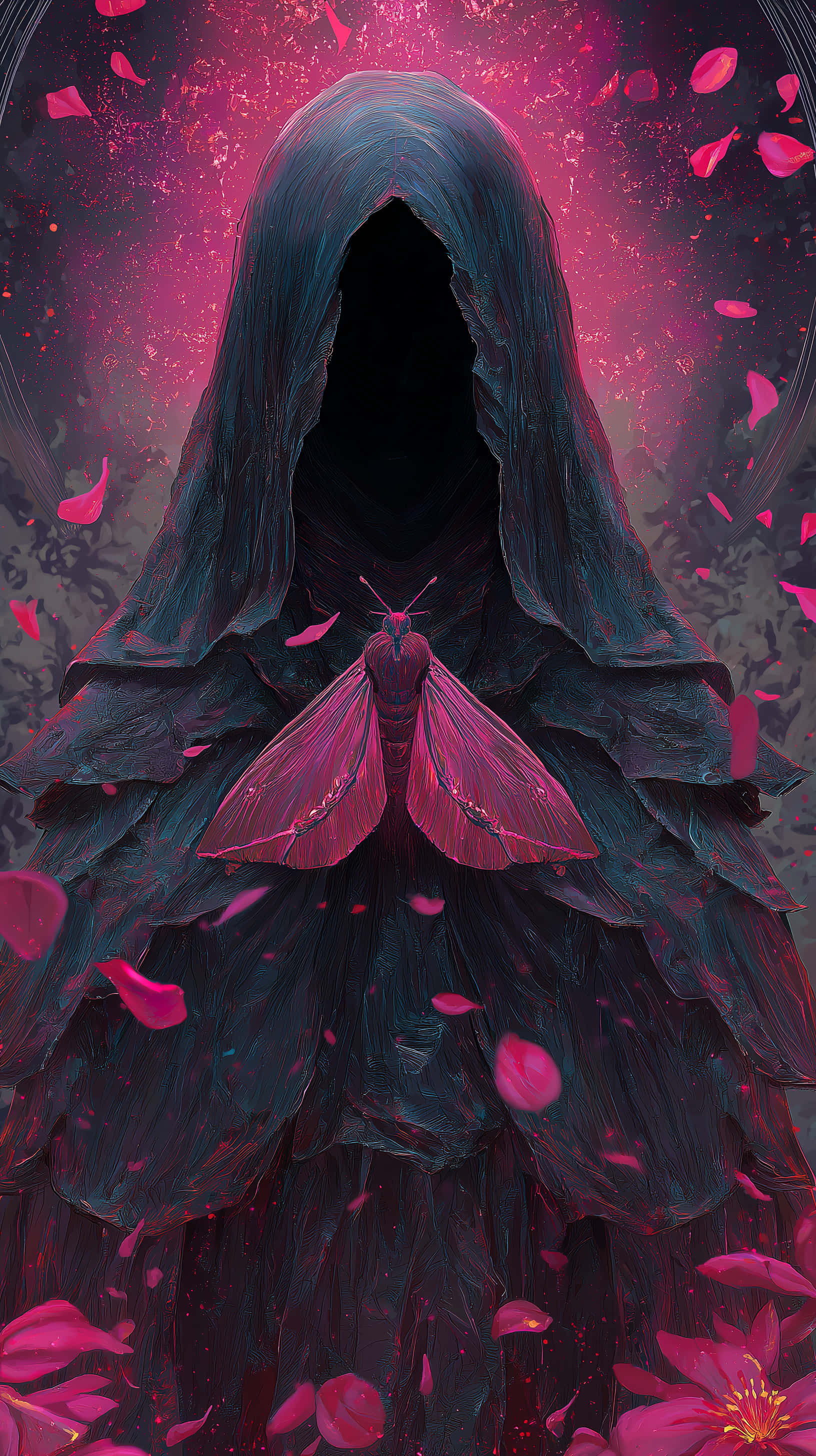 hooded figure, vibrant moth, scattered petals, 2K Phone Wallpaper