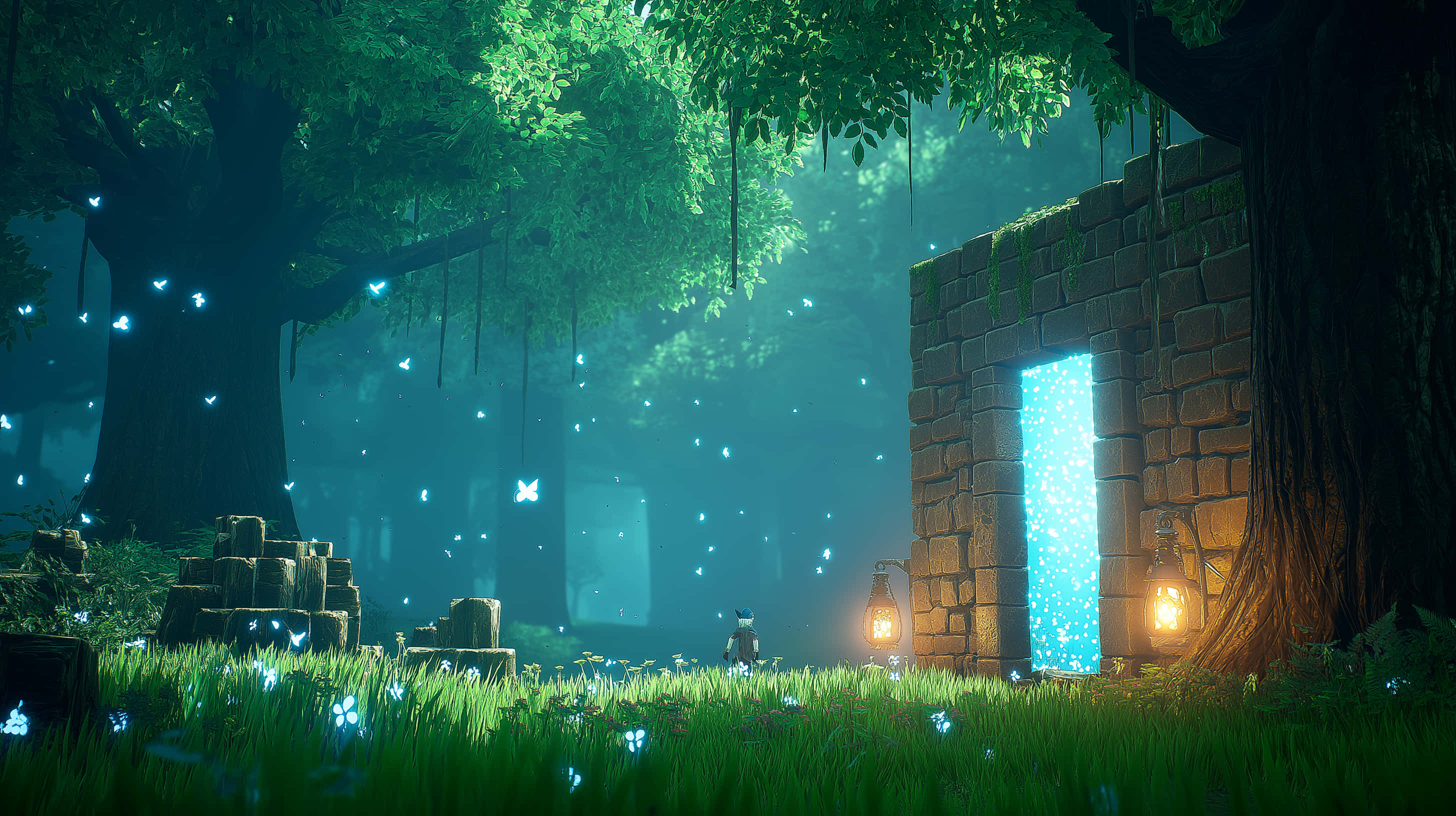 forest portal, glowing blue portal, mossy stone wall, 2K Desktop Wallpaper