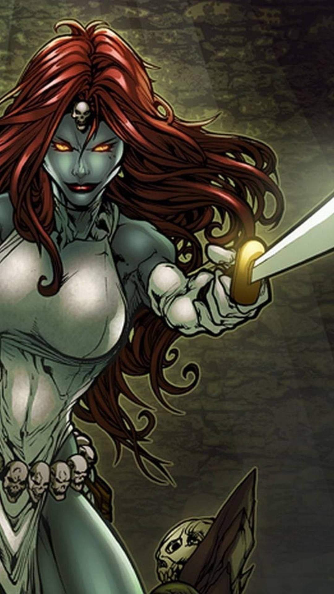 Mystique Sword, glowing orange eyes, flowing red hair, Full HD Phone Wallpaper