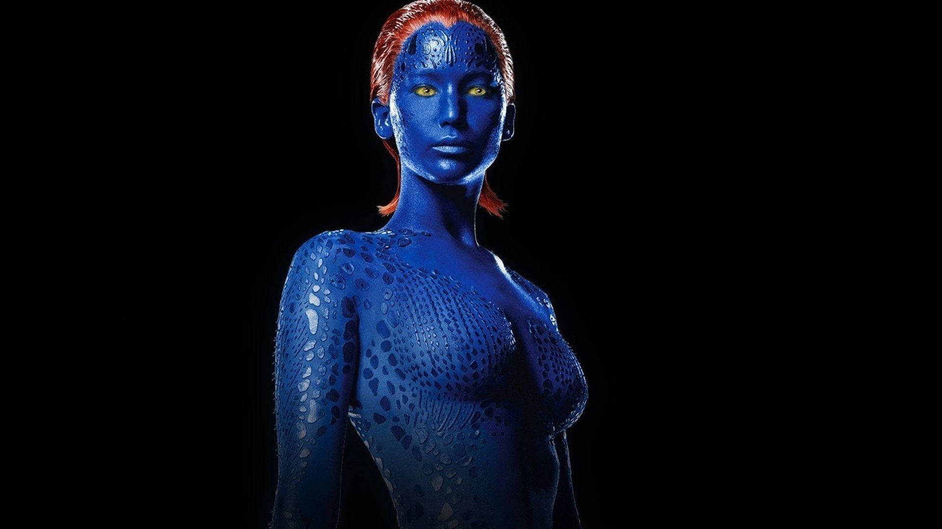 Mystique, blue-skinned, glowing yellow eyes, Full HD Desktop Wallpaper