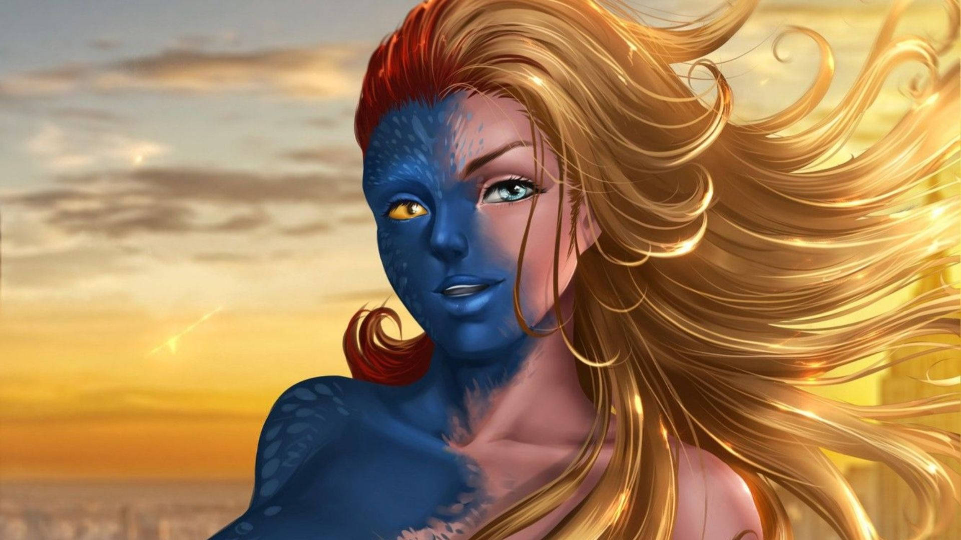 Mystique, half transformation, blue-skinned, Full HD Desktop Wallpaper