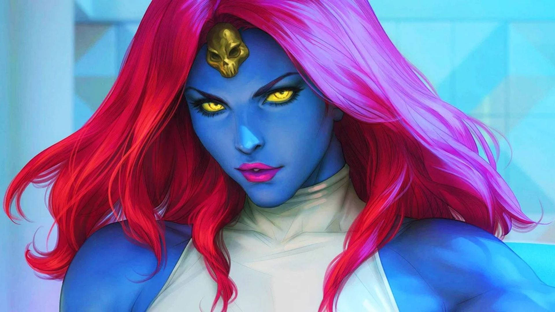 Mystique, blue-skinned, fiery red and pink hair, Full HD Desktop Wallpaper