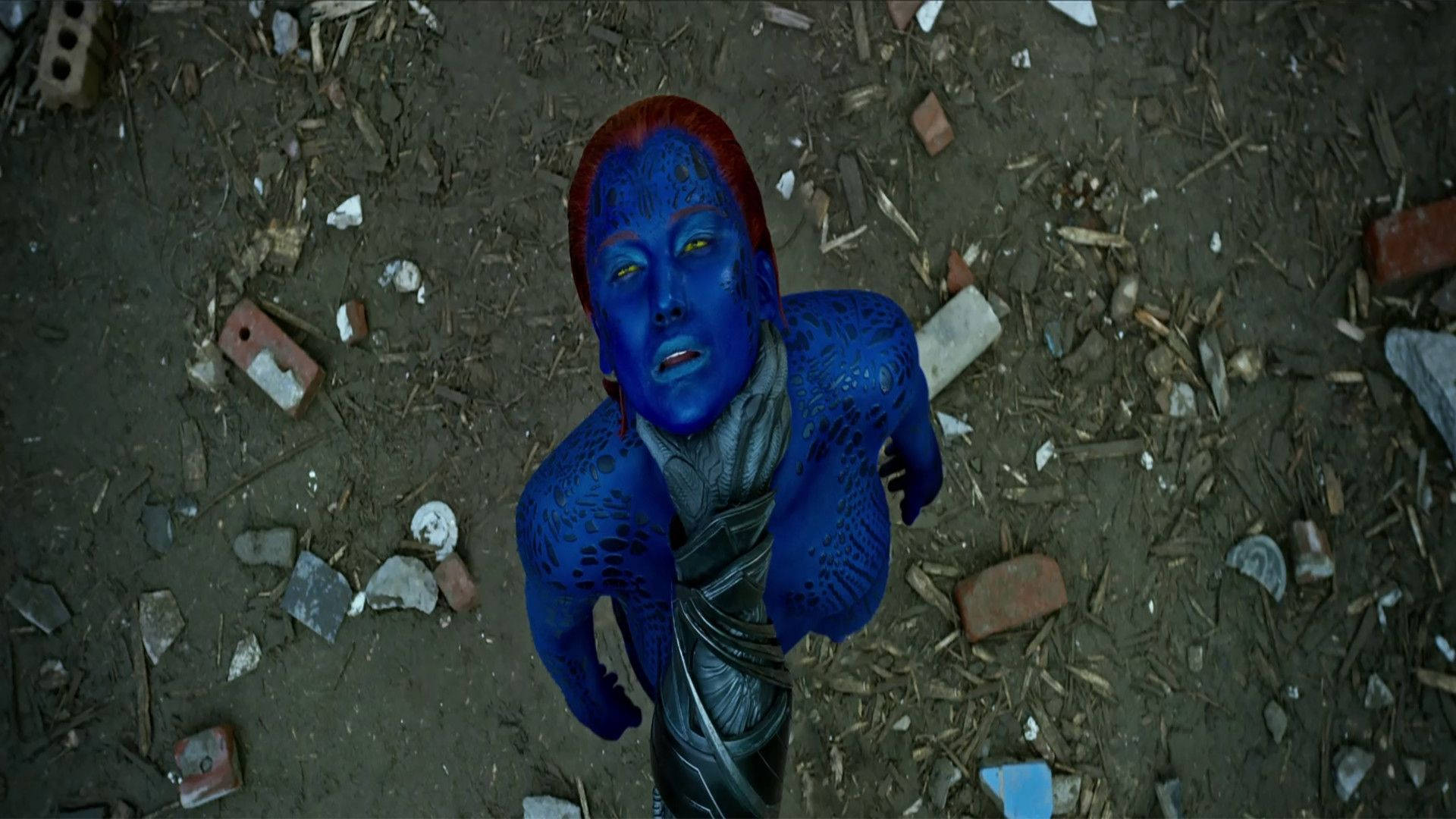 Choking Mystique, blue-skinned mutant, red hair, Full HD Desktop Wallpaper