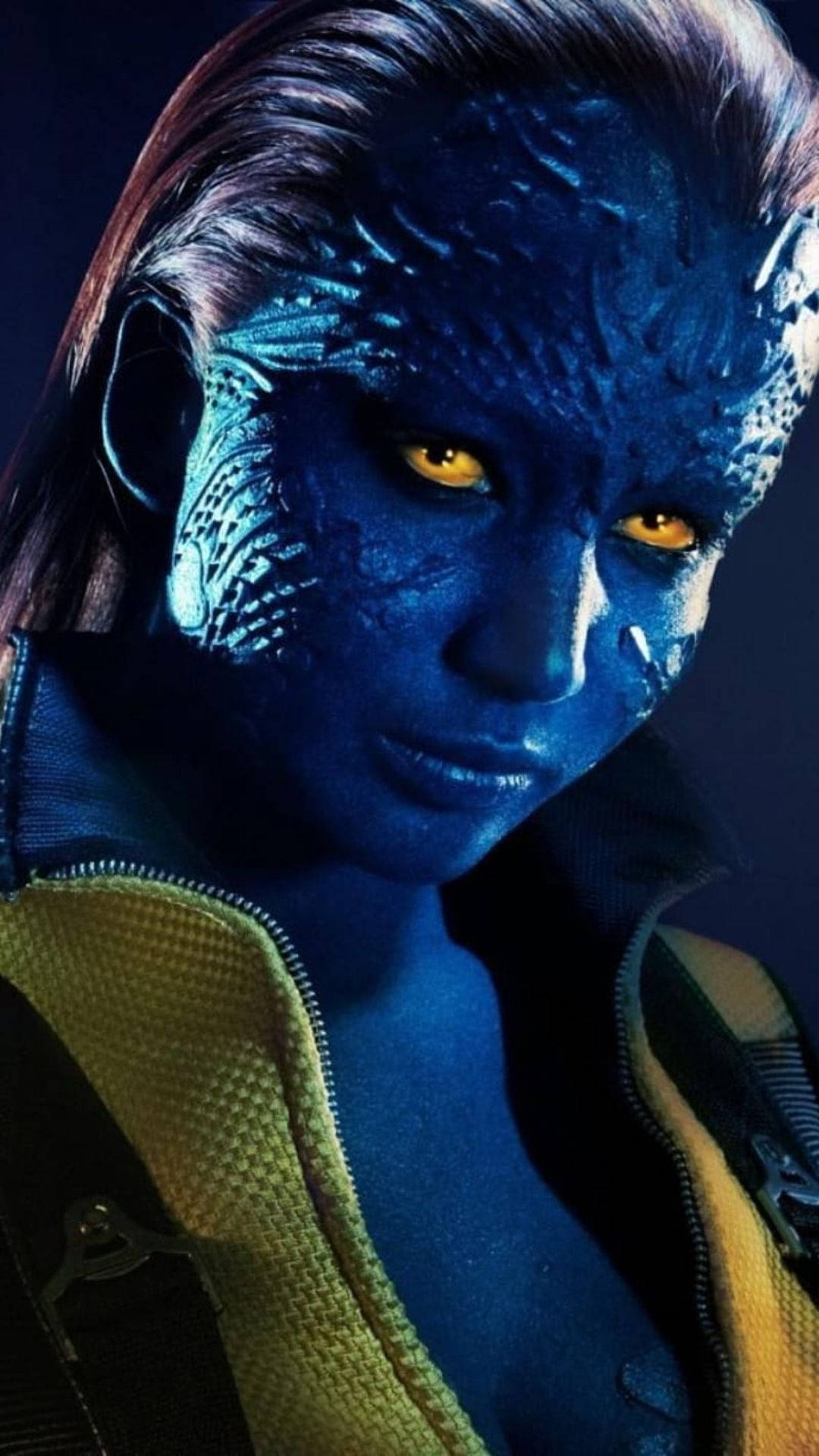 Mystique, blue-skinned mutant woman, glowing yellow eyes, Full HD Phone Wallpaper