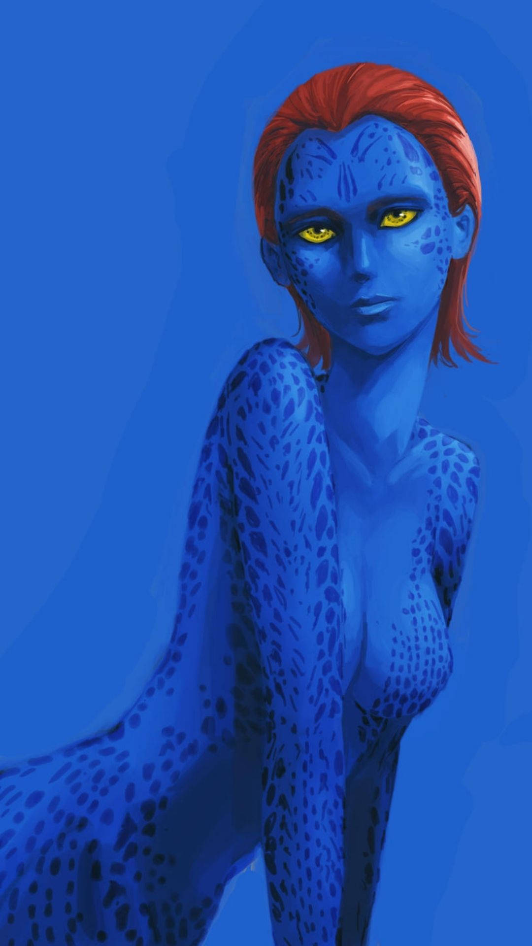 Mystique, blue-skinned, glowing yellow eyes, Full HD Phone Wallpaper