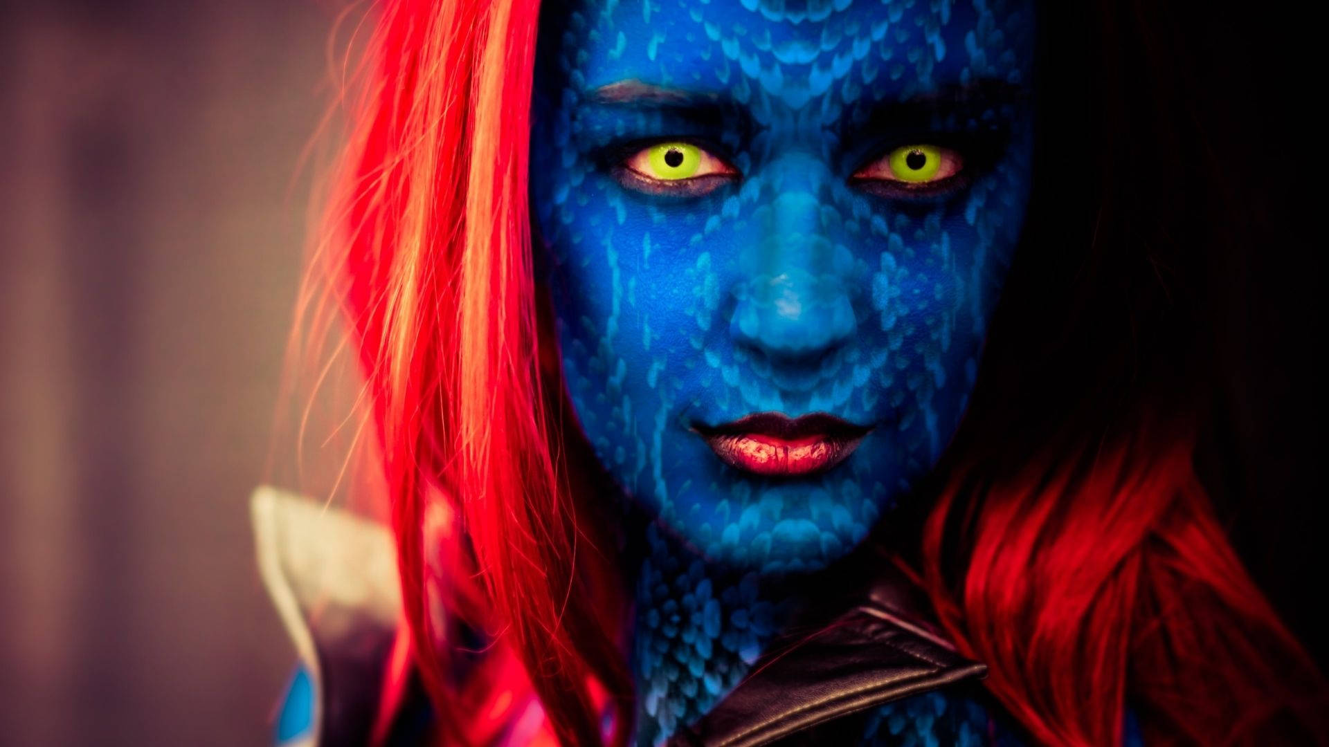 Mystique, blue-skinned, glowing yellow eyes, Full HD Desktop Wallpaper