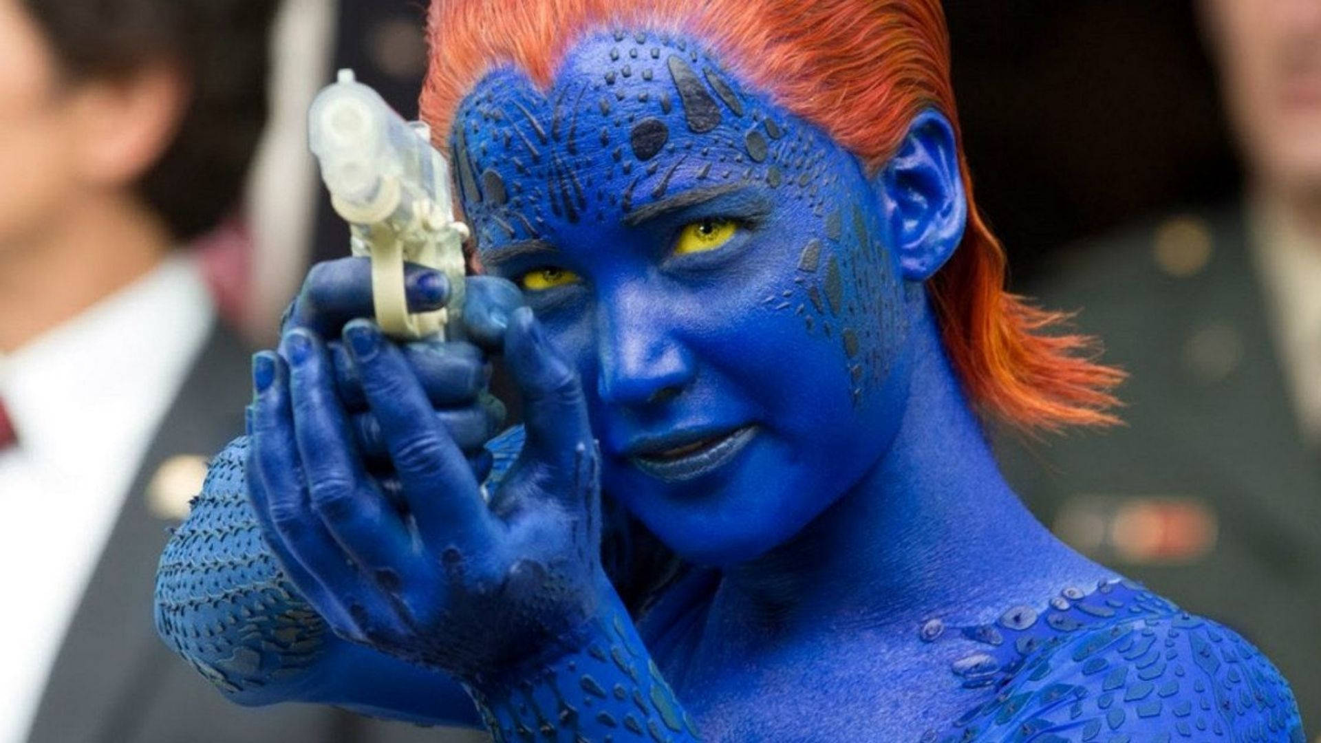 Mystique, blue-skinned mutant, orange hair, Full HD Desktop Wallpaper