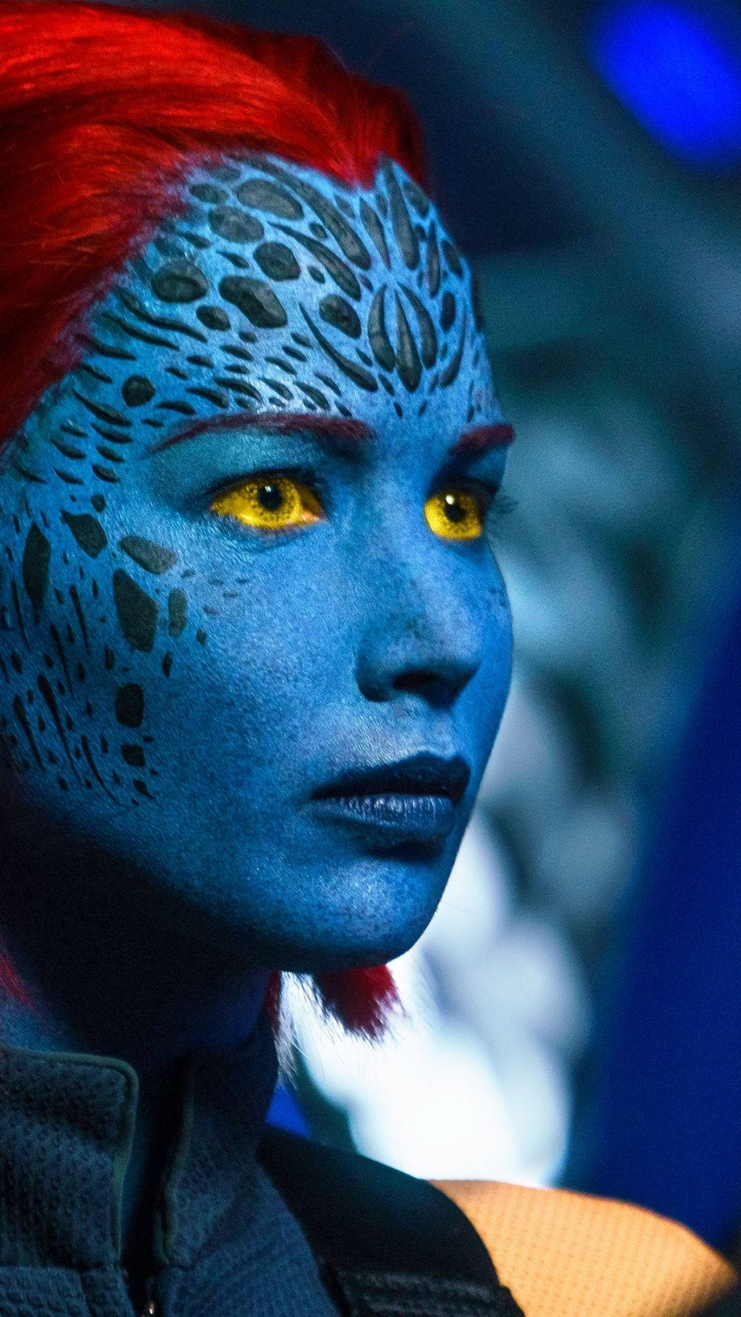 Mystique, yellow eyes, blue-skinned mutant woman, Full HD Phone Wallpaper