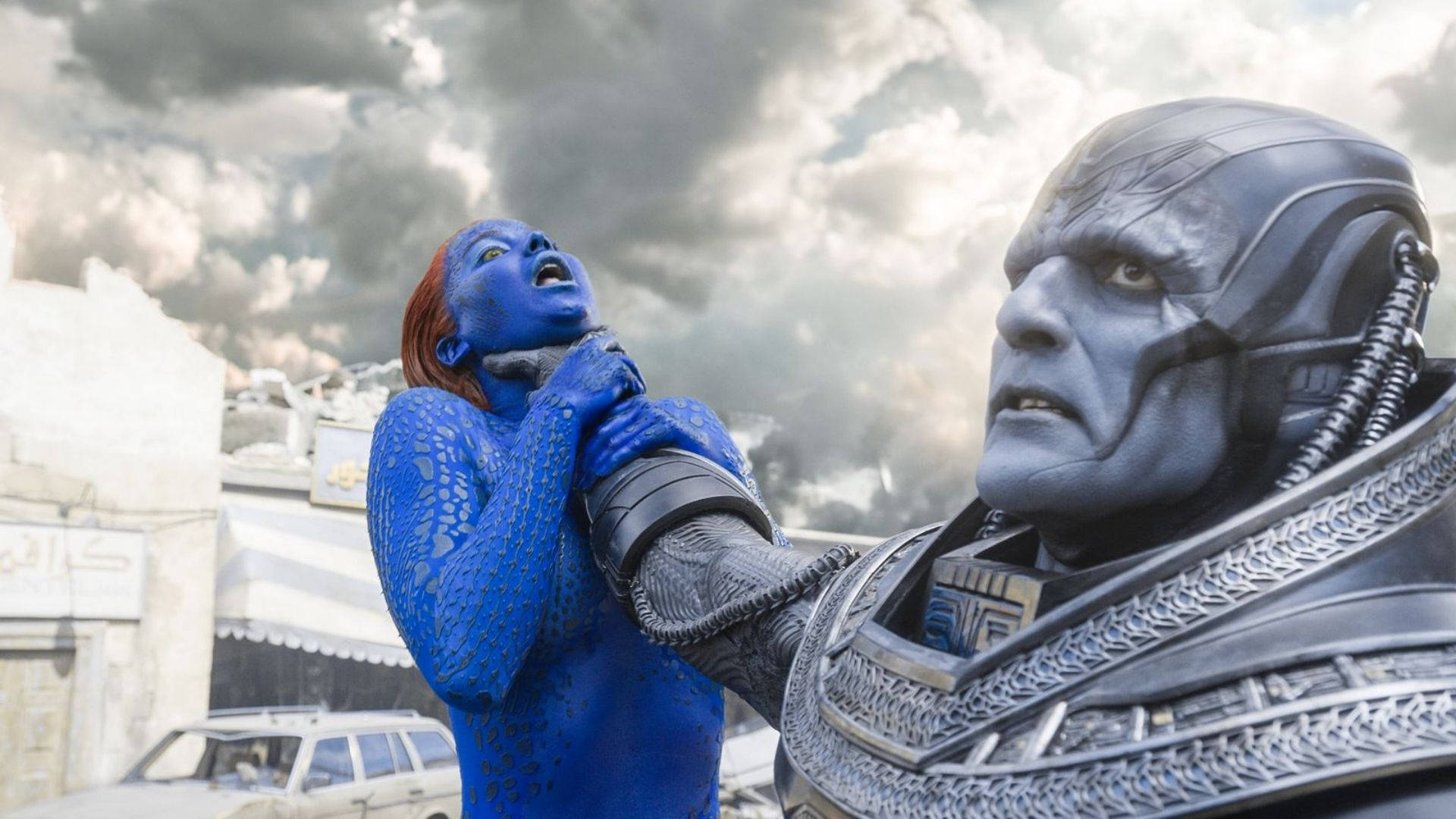 Mystique, blue-skinned mutant woman, armored mutant man, Full HD Desktop Wallpaper