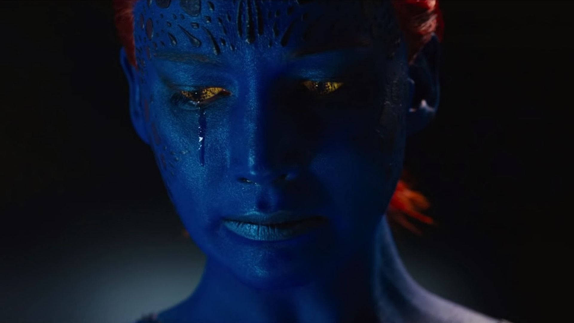 Crying Mystique, blue-skinned mutant woman, glowing eyes, Full HD Desktop Wallpaper
