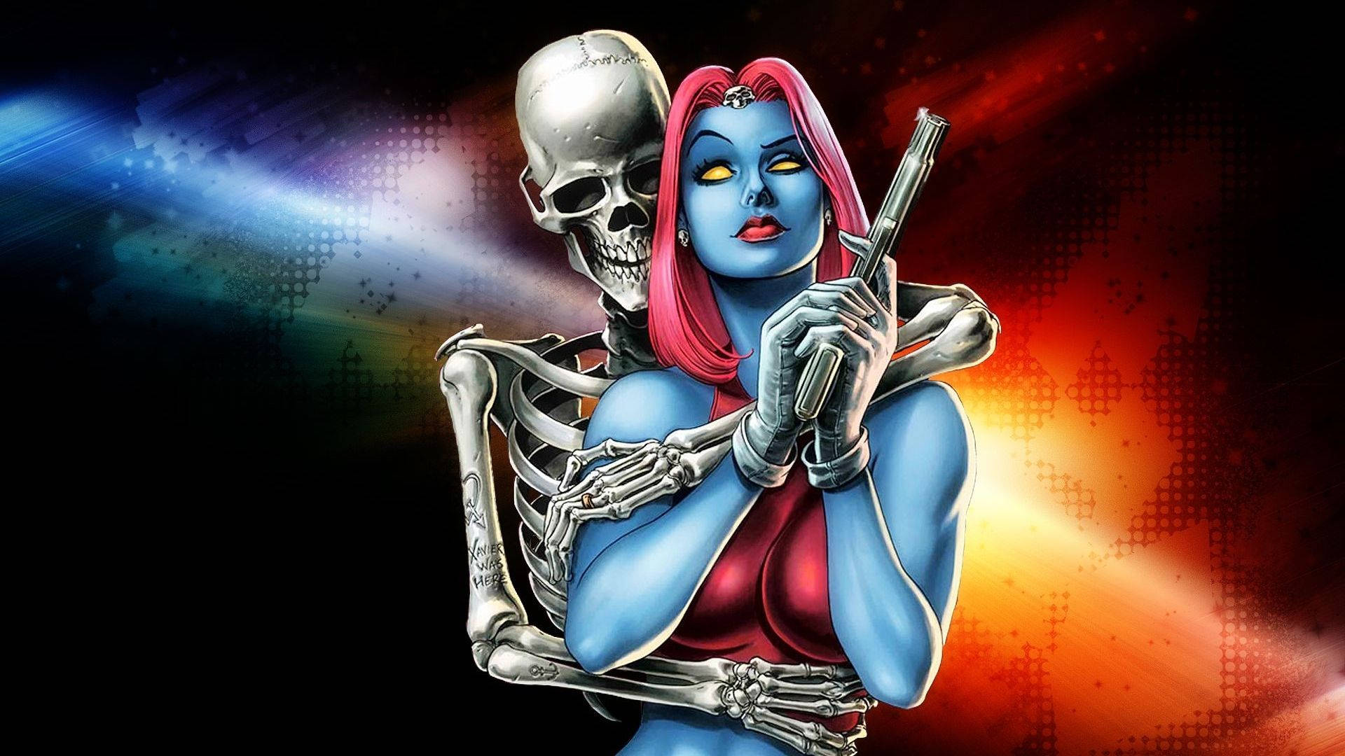 Mystique, blue-skinned woman, pink hair, Full HD Desktop Wallpaper