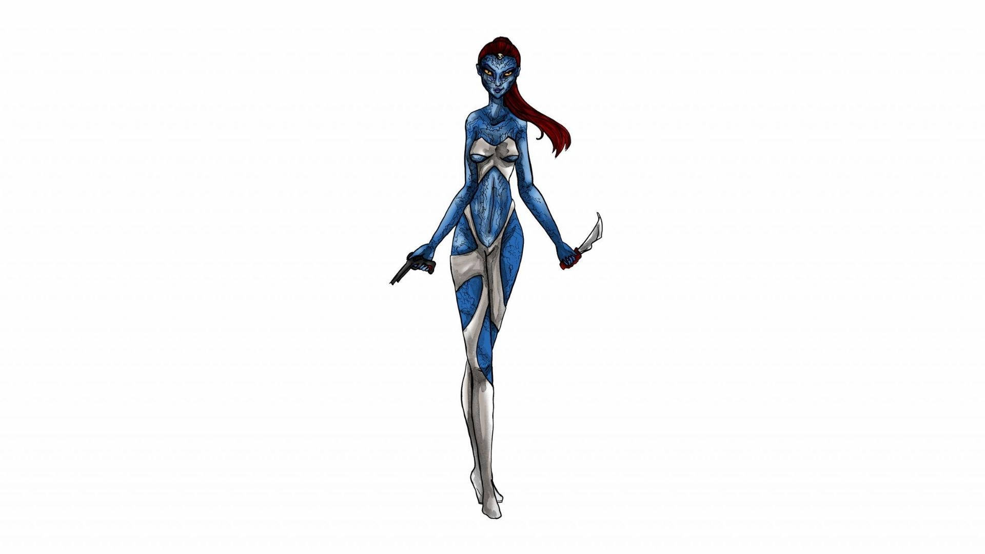 Mystique, blue-skinned, red hair, Full HD Desktop Wallpaper