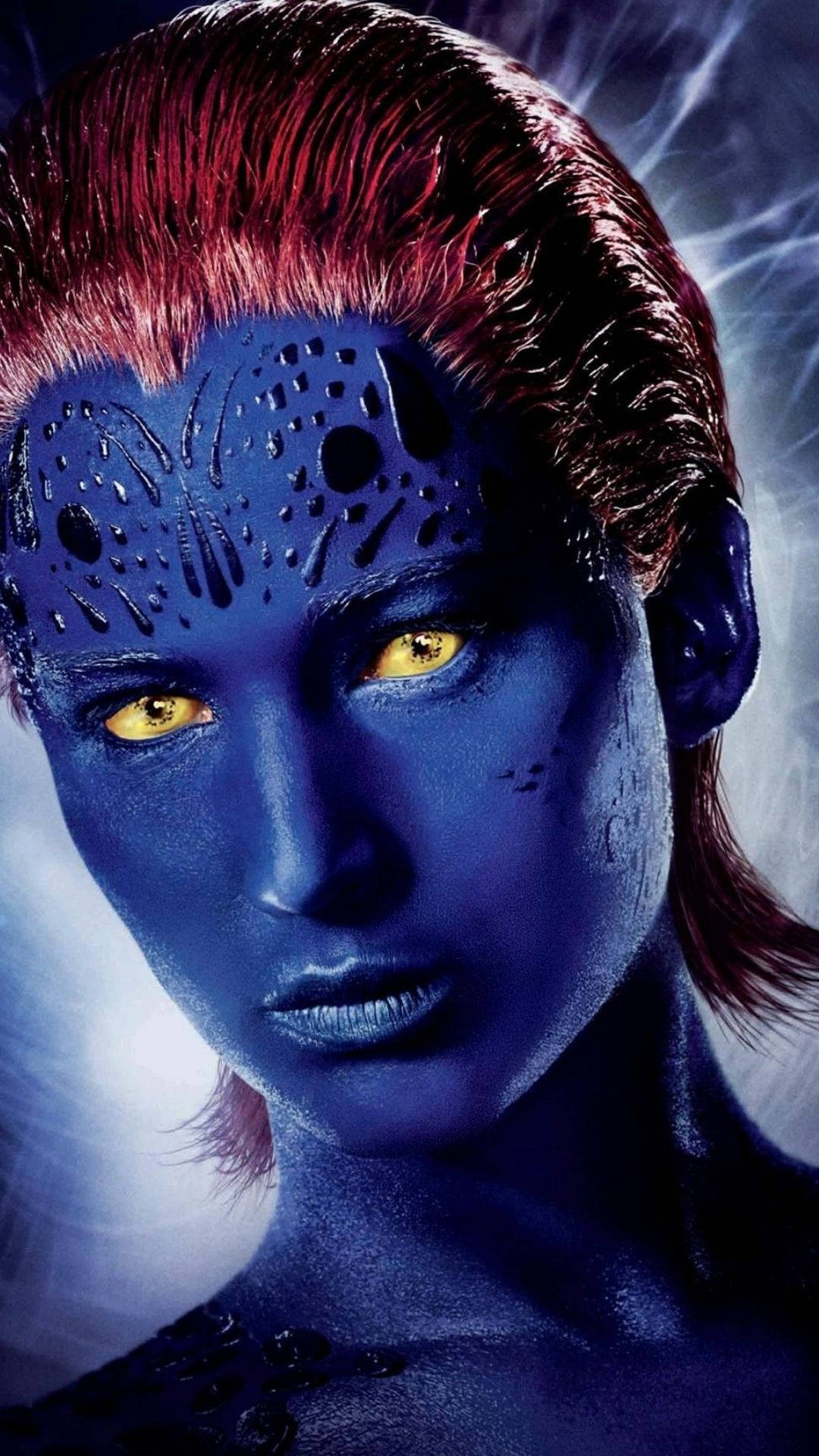 Mystique, blue-skinned, glowing yellow eyes, Full HD Phone Wallpaper