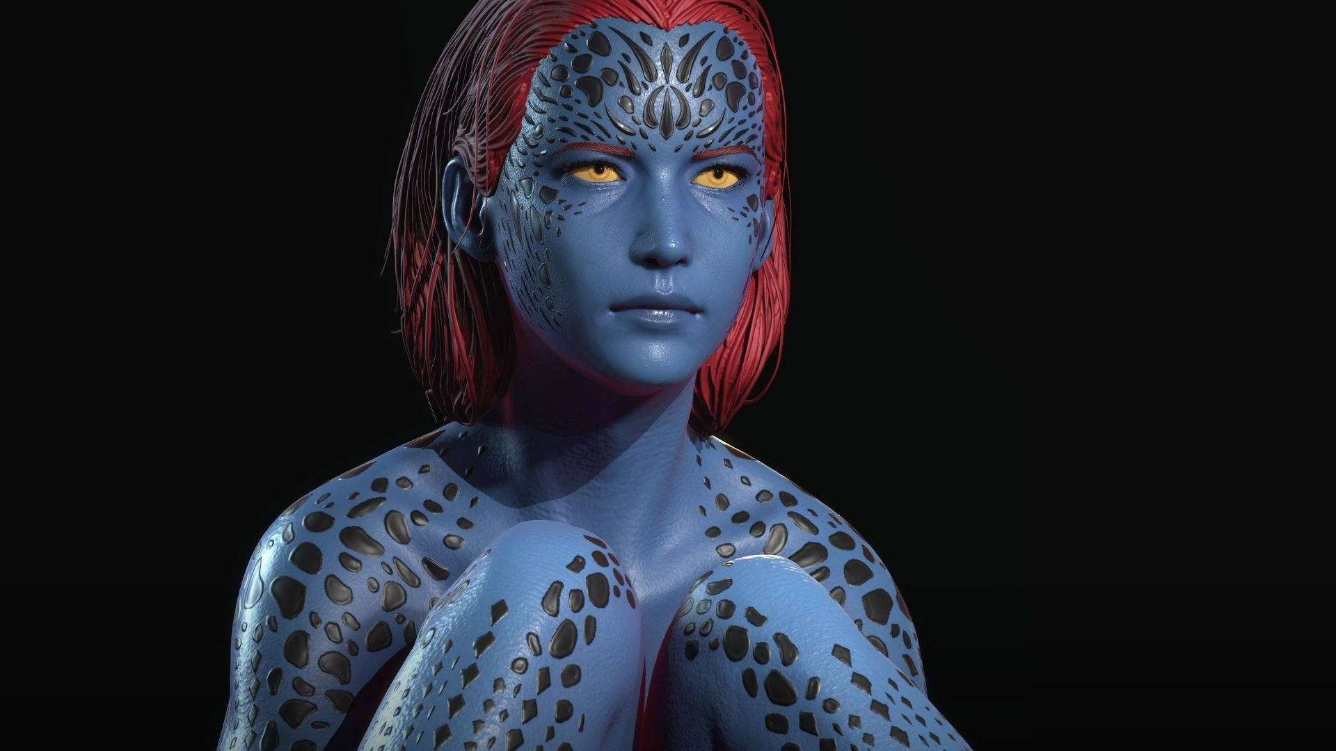 Mystique, blue-skinned, red hair, Full HD Desktop Wallpaper