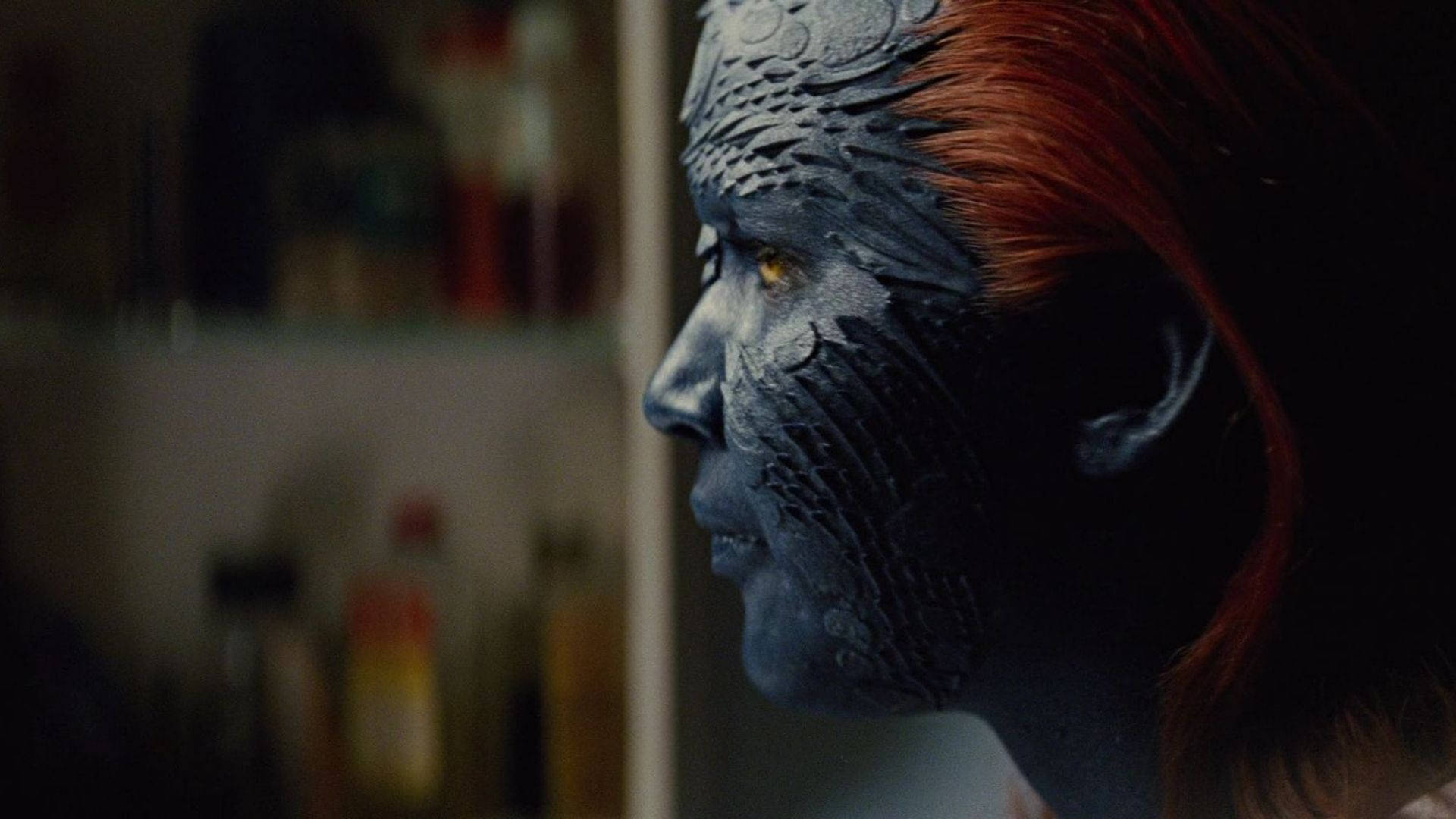 Mystique, blue-skinned mutant woman, red hair, Full HD Desktop Wallpaper