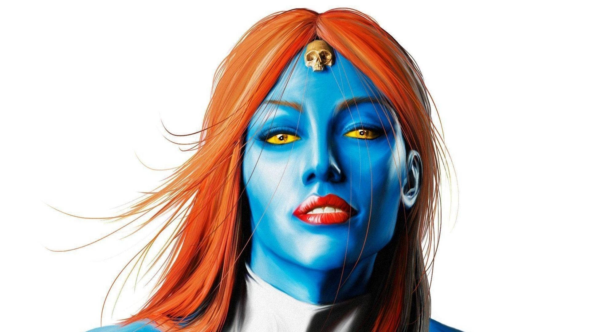 Mystique, blue-skinned woman, fiery orange hair, Full HD Desktop Wallpaper