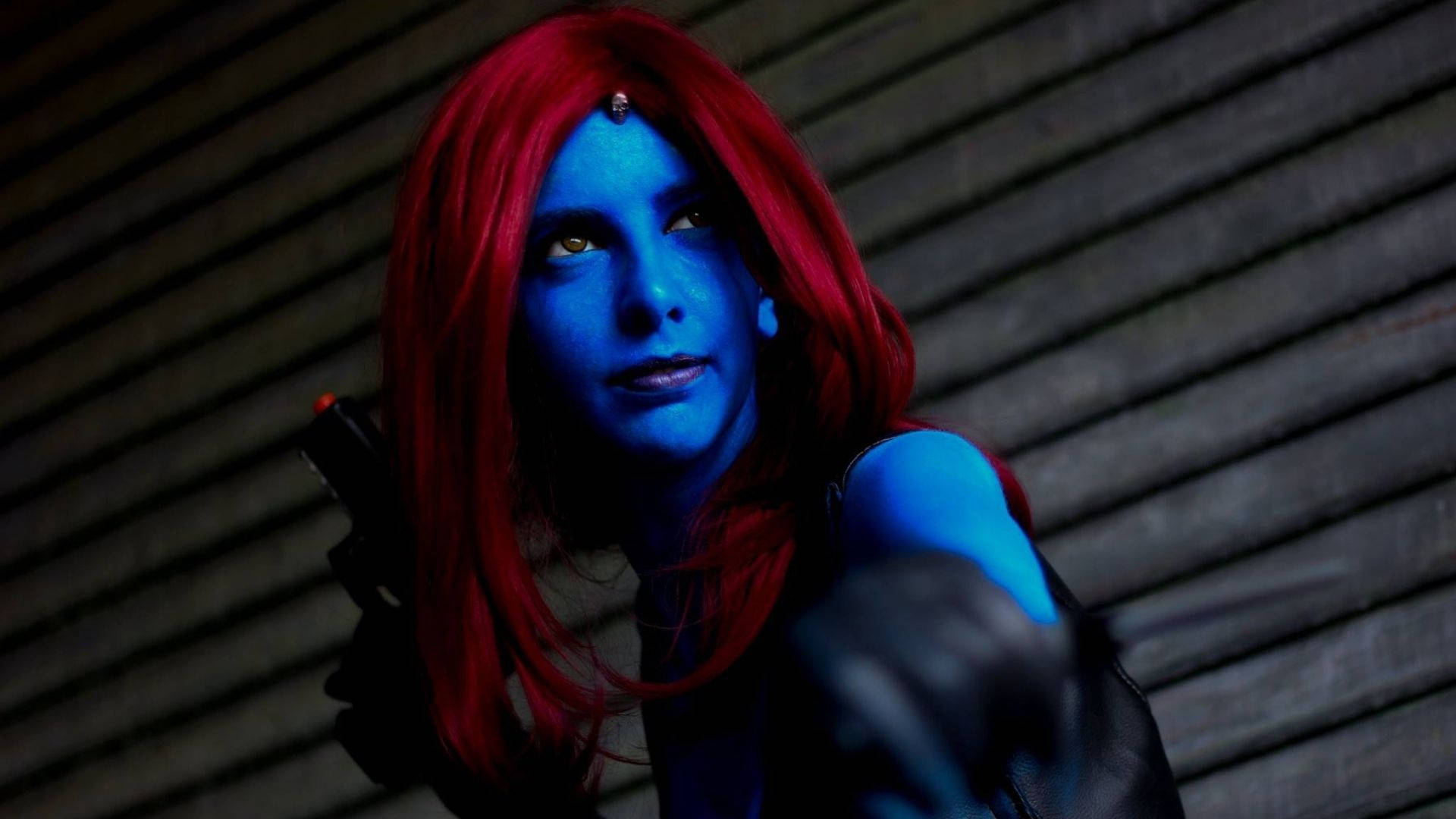 Mystique, blue-skinned, fiery red hair, Full HD Desktop Wallpaper