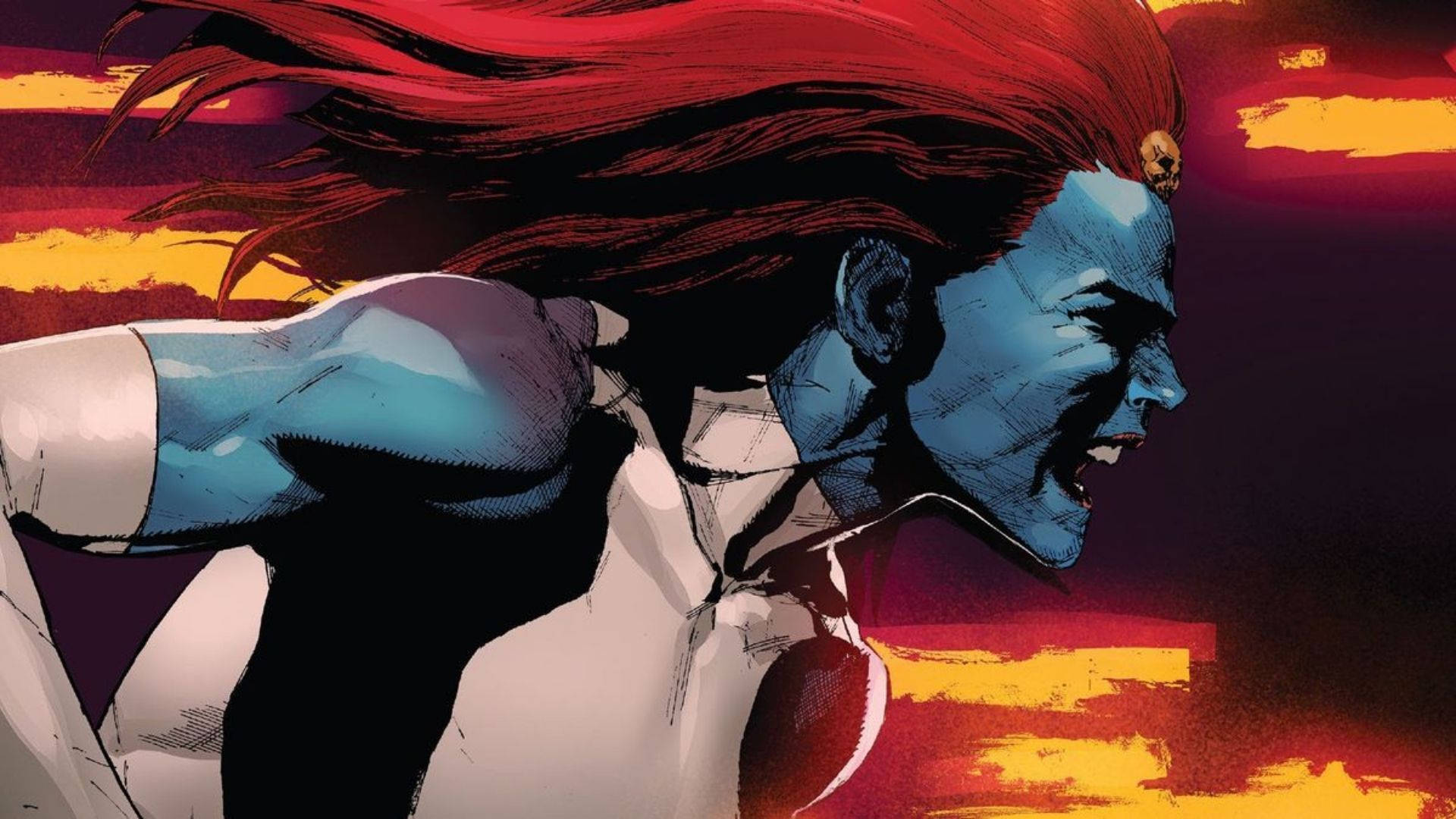 Mystique, blue-skinned, fiery red hair, Full HD Desktop Wallpaper