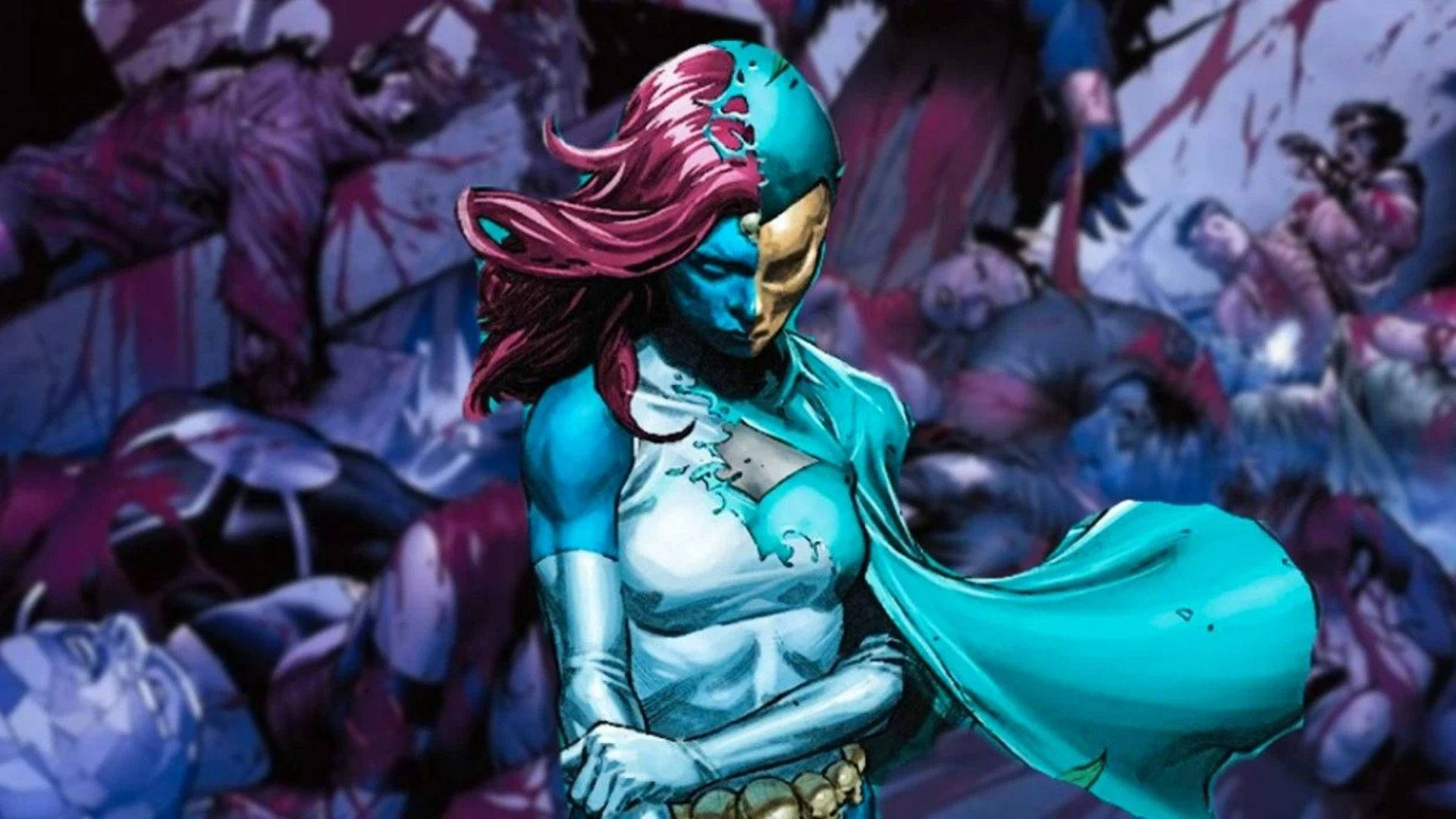 Mystique, blue-skinned, pink hair, Full HD Desktop Wallpaper