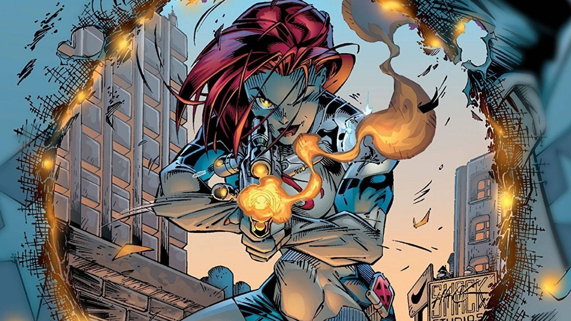 Mystique, flaming pistol, shattered urban skyline, Full HD Desktop Wallpaper