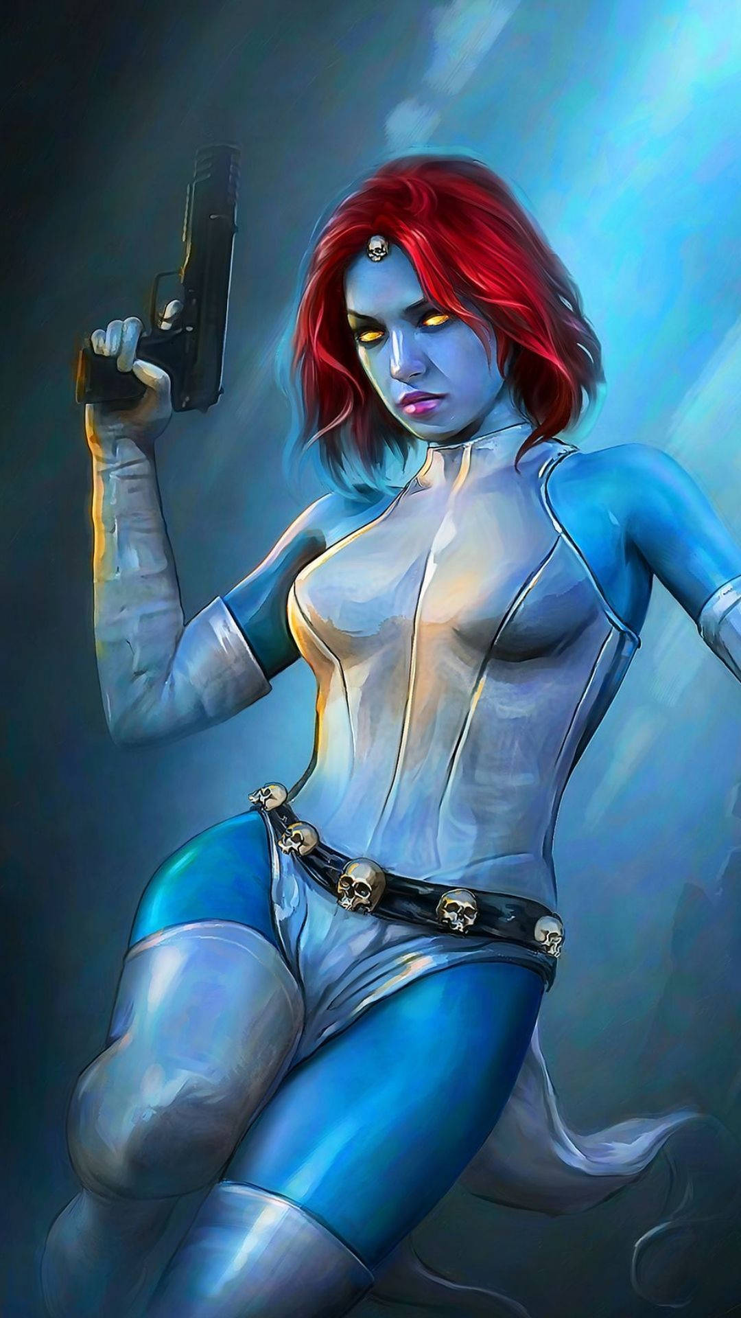 Mystique, red-haired woman, blue and silver bodysuit, Full HD Phone Wallpaper