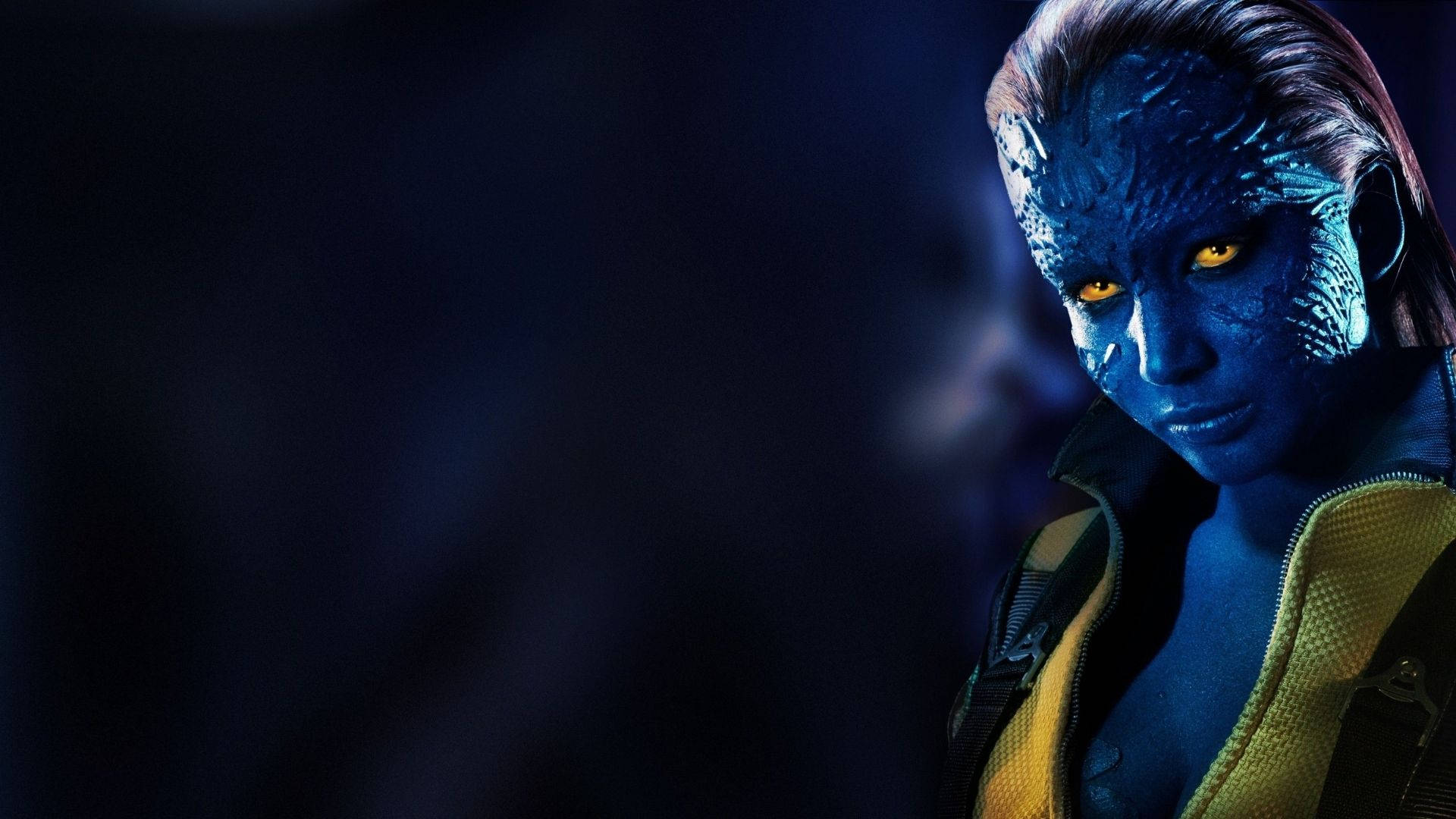 Mystique, blue-skinned, glowing yellow eyes, Full HD Desktop Wallpaper