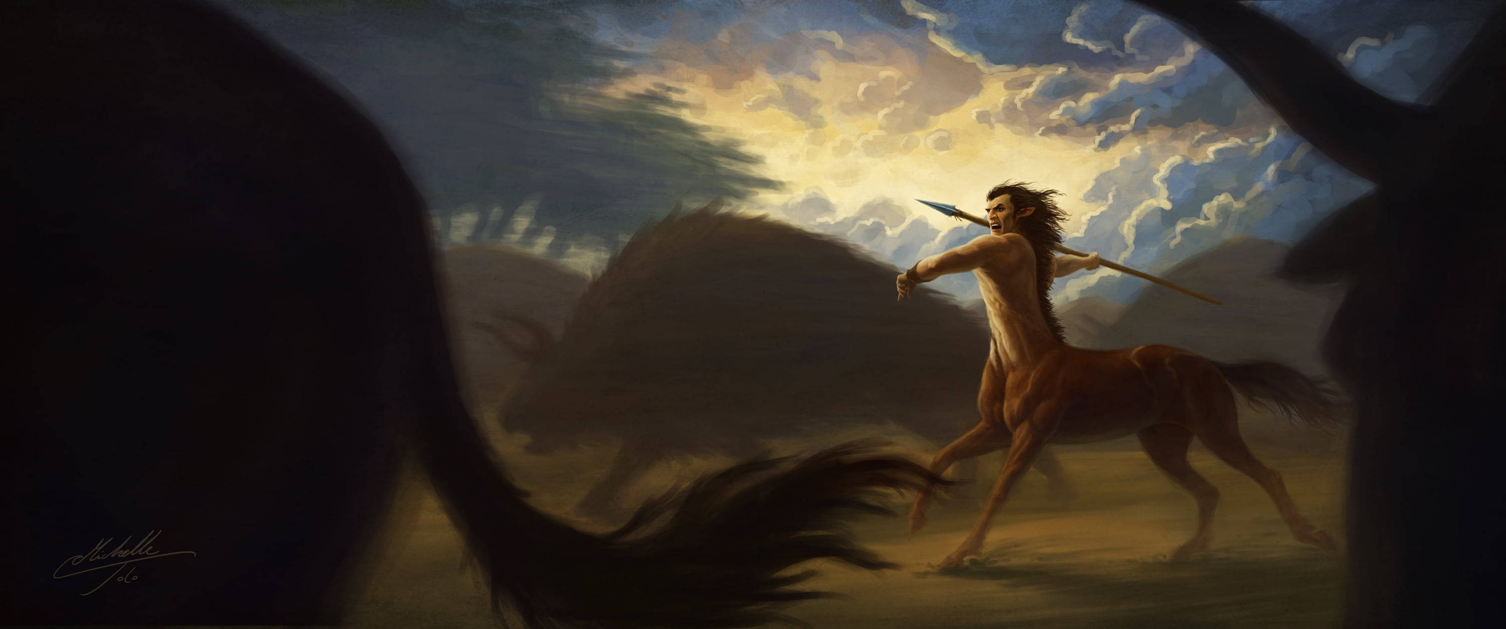 centaur, spear, dramatic sunset sky, 2K Desktop Wallpaper