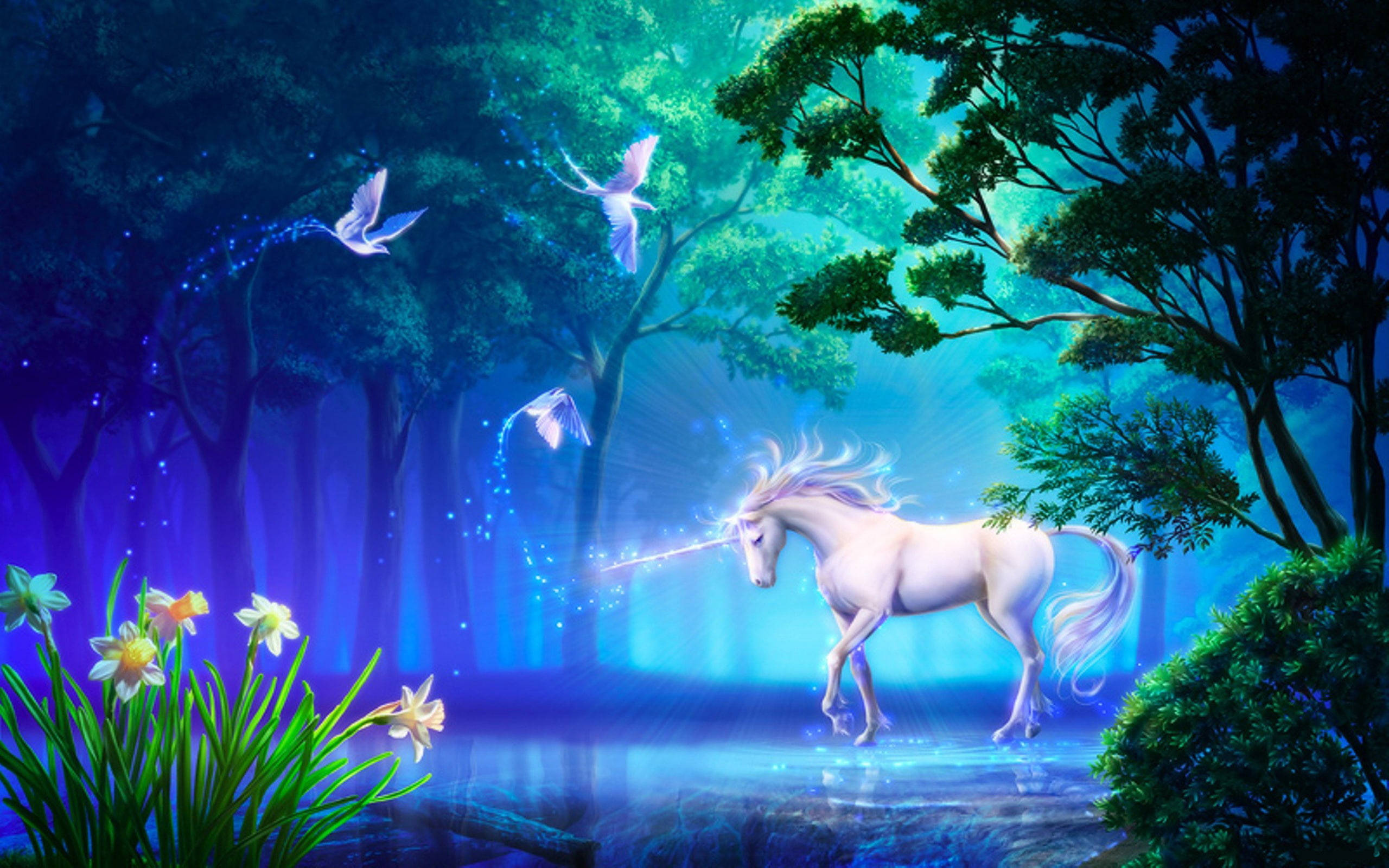 magical unicorn, glowing white unicorn, radiant horn, 2K Desktop Wallpaper