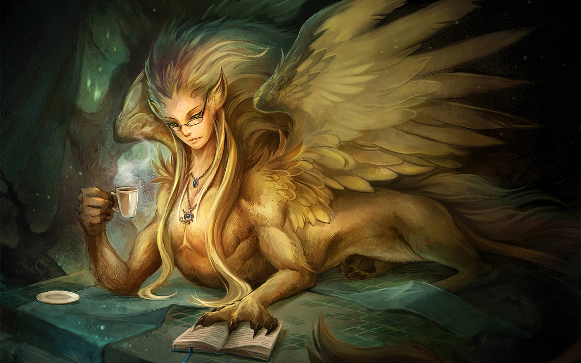 golden-winged griffin, long hair, dark cave, Full HD Desktop Wallpaper