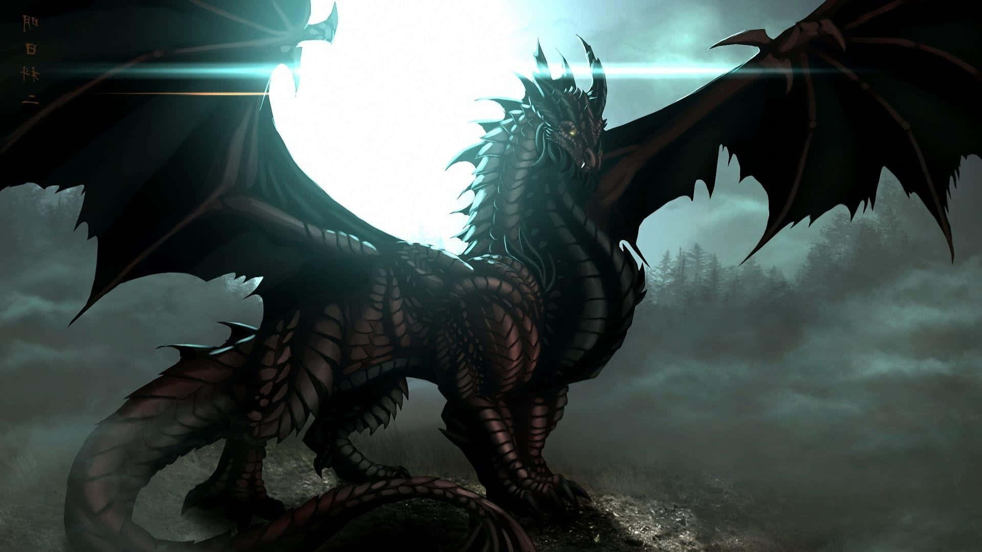 black dragon, moon, misty forest, Full HD Desktop Wallpaper