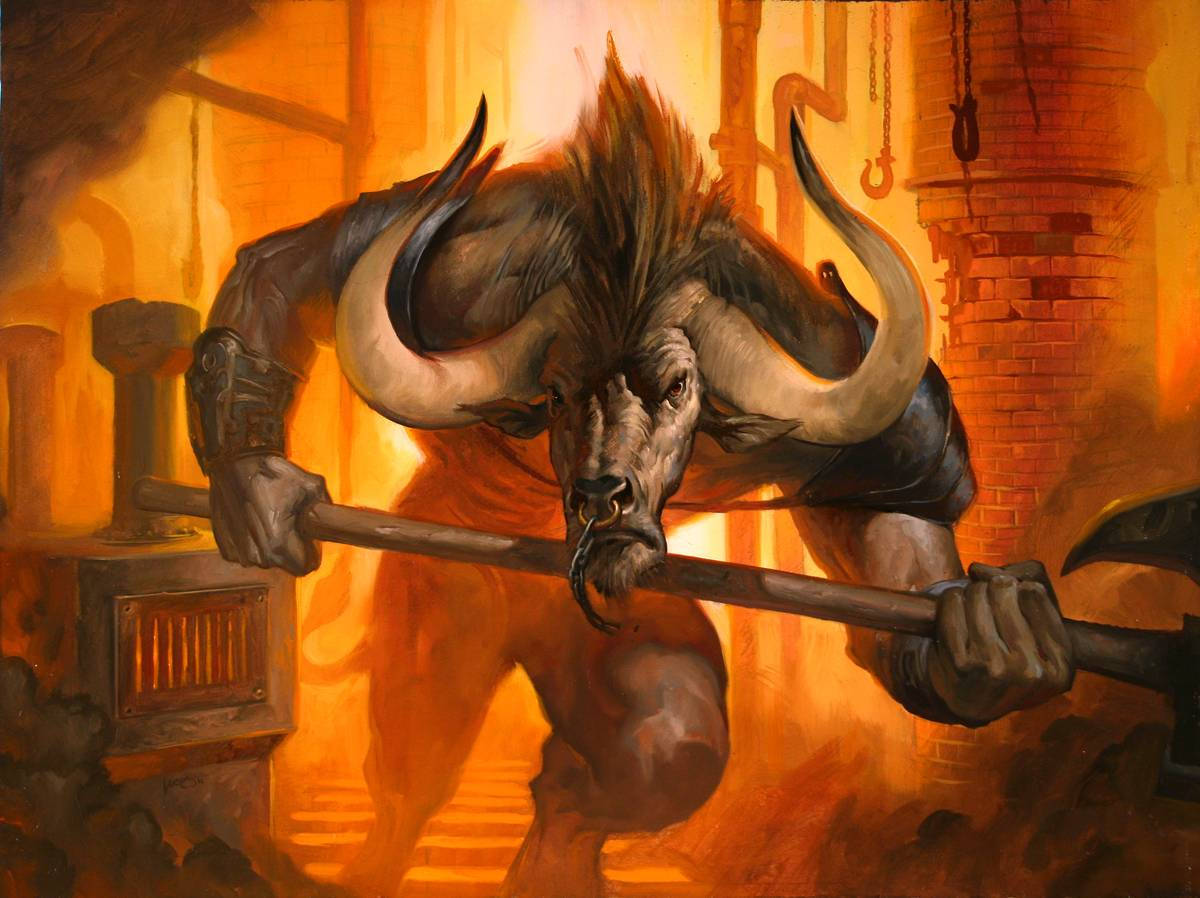 minotaur, large curved horns, heavy hammer, SD Desktop Wallpaper