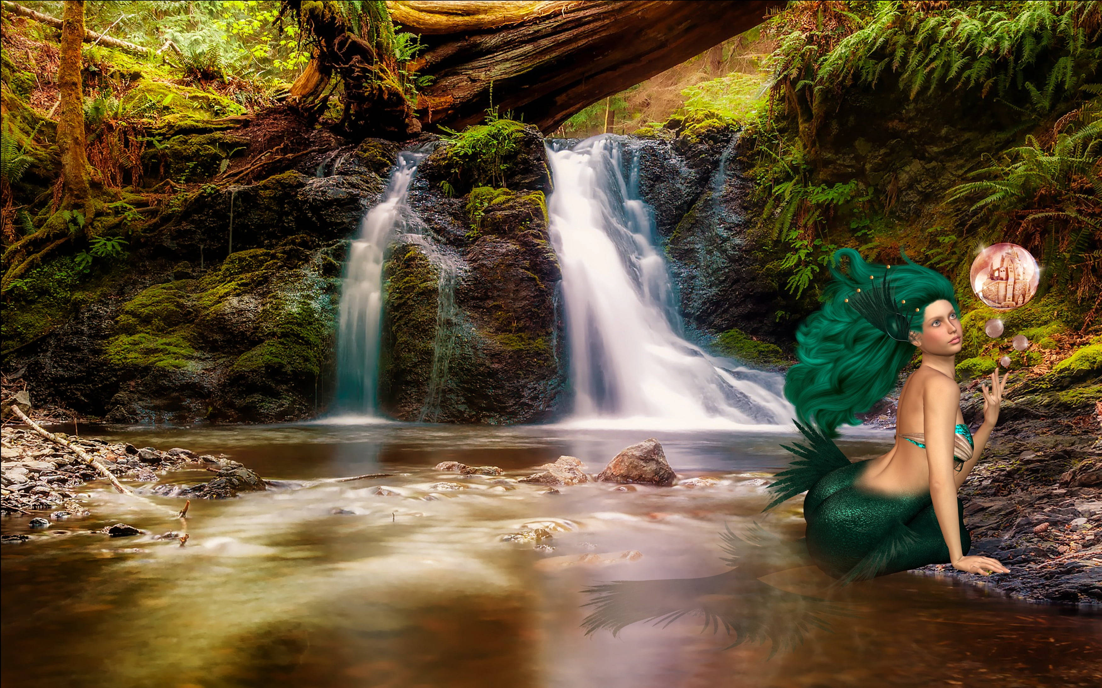 green haired mermaid, emerald green hair, tail, 2K Desktop Wallpaper