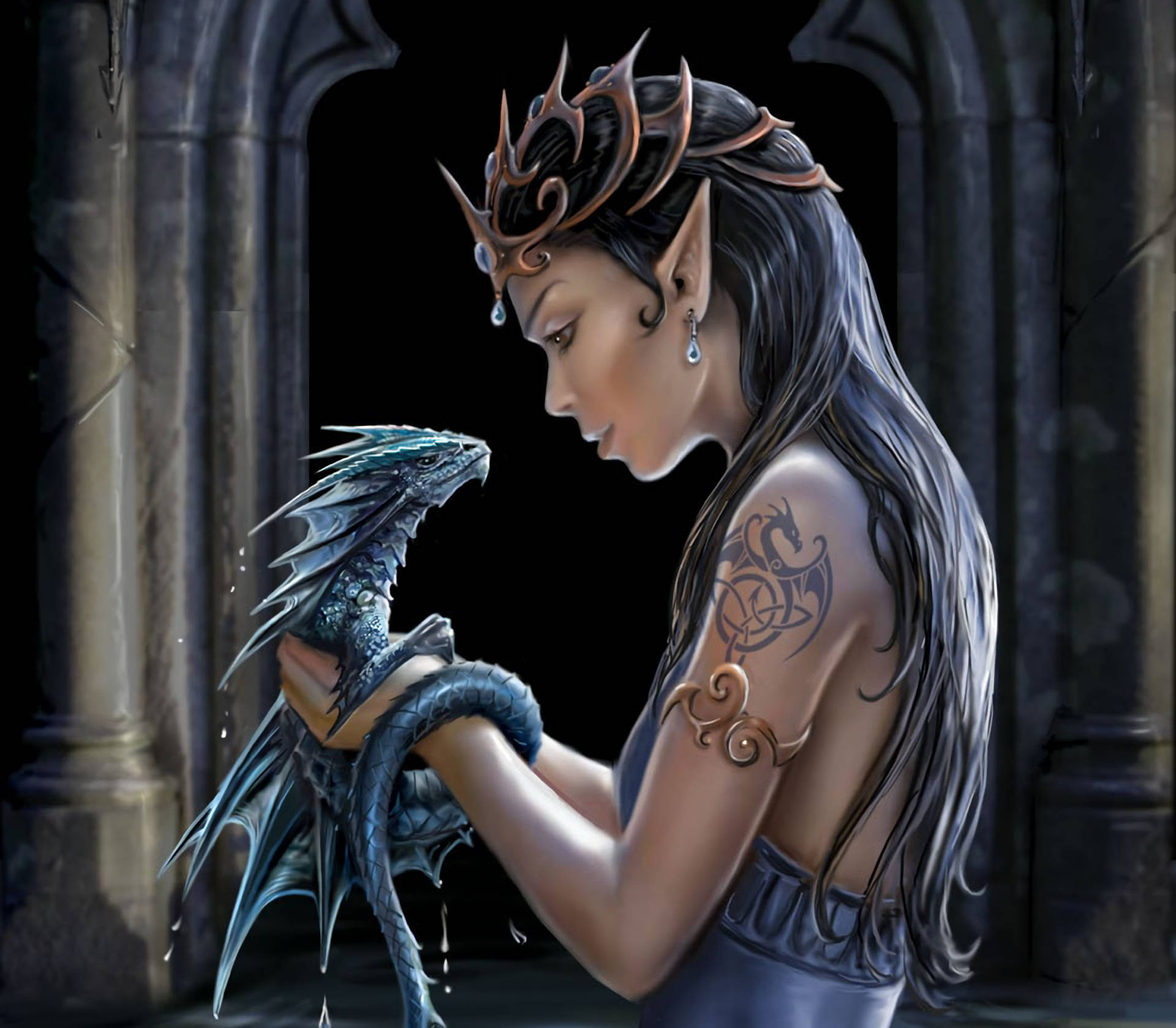 elf queen, dragon tattoo, small blue dragon, Full HD Desktop Wallpaper
