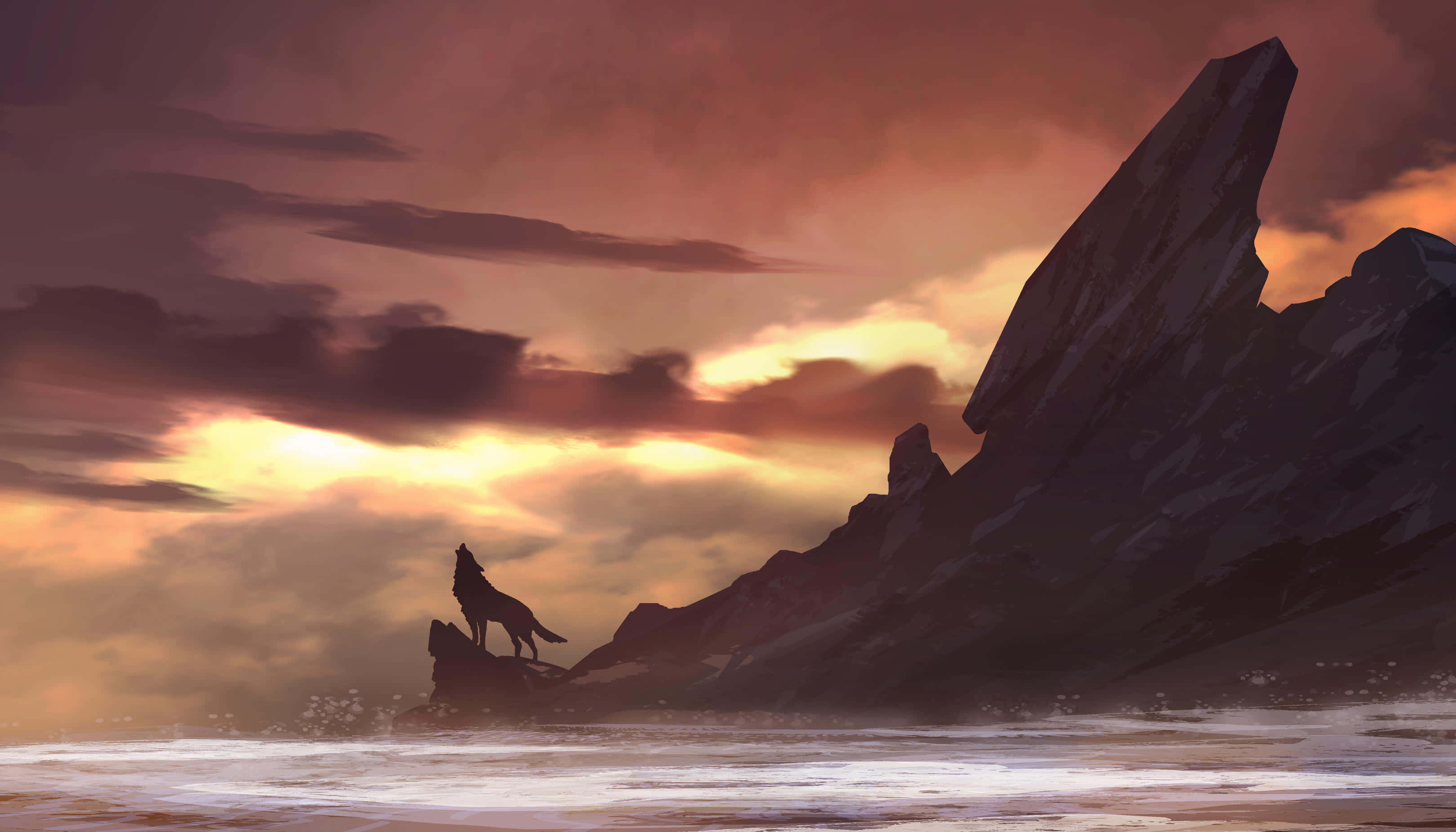 wolf, sunset, rocky cliff, 2K Desktop Wallpaper