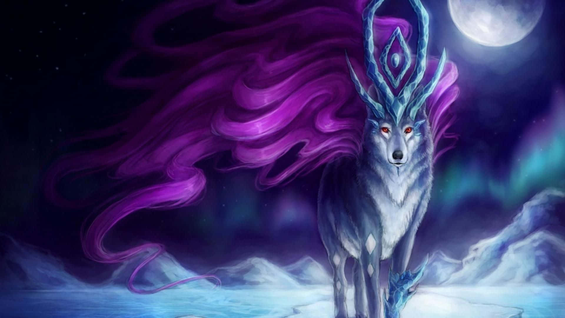 Mythical Wolf, silver wolf, glowing red eyes, Full HD Desktop Wallpaper