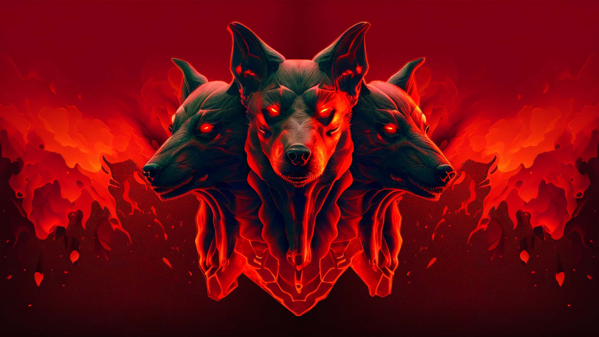 Mythical Wolf, demonic dog heads, glowing red eyes, Full HD Desktop Wallpaper