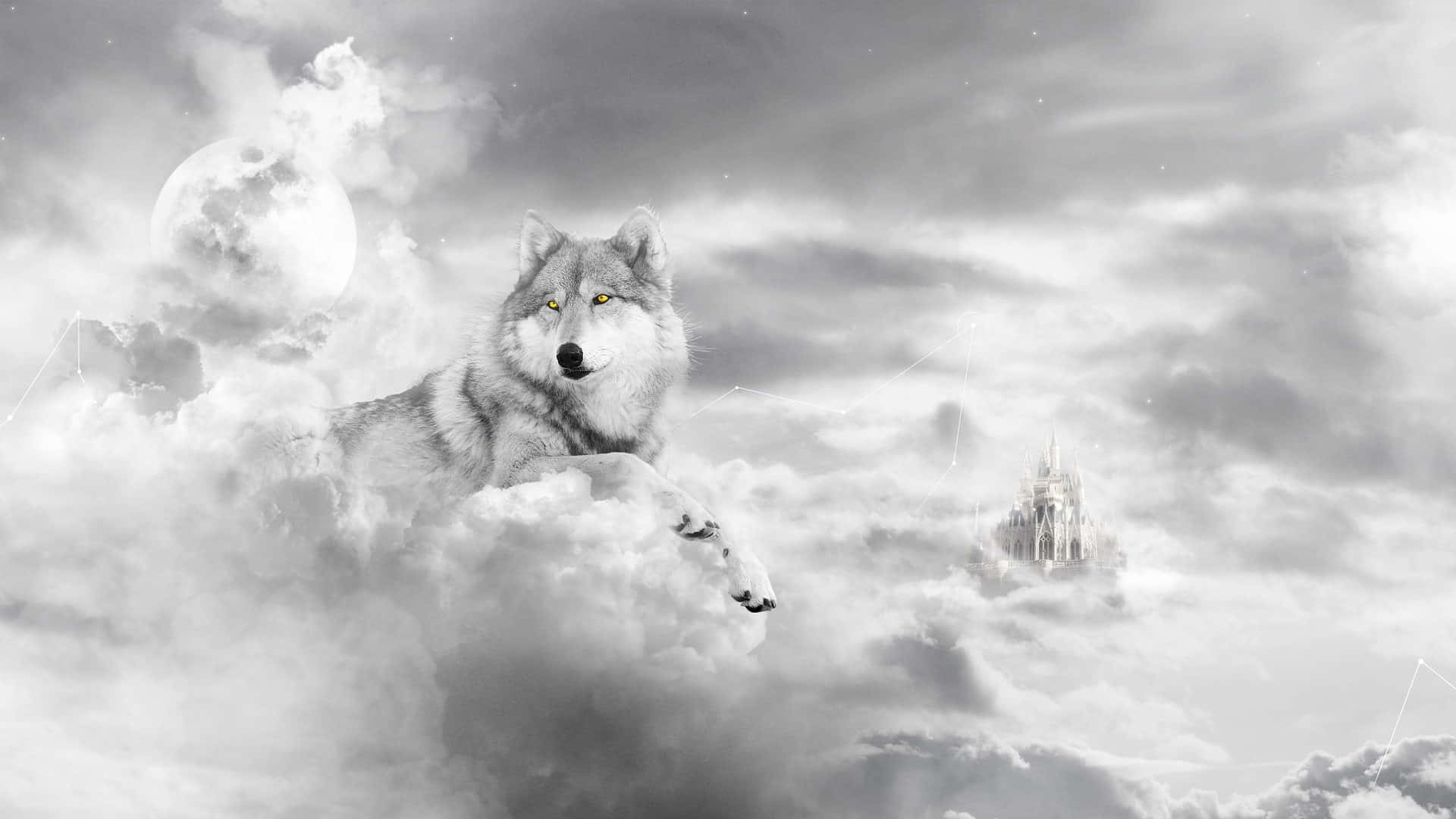 Mythical Wolf, full moon, distant castle, Full HD Desktop Wallpaper