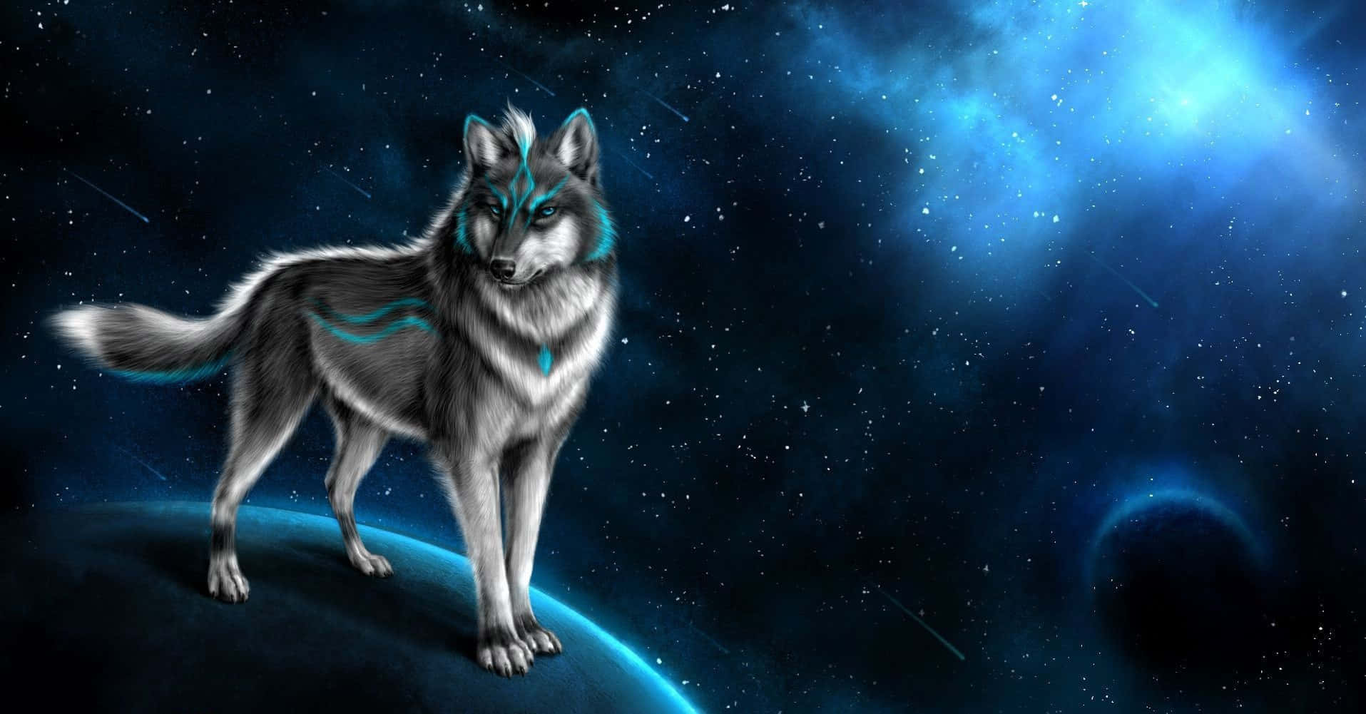 Mythical Wolf, glowing blue markings, planet, HD Desktop Wallpaper