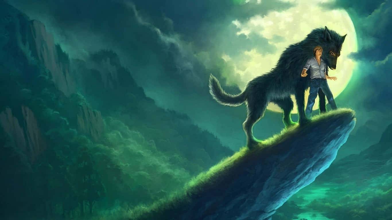 Mythical Wolf, full moon, misty green forest, HD Desktop Wallpaper